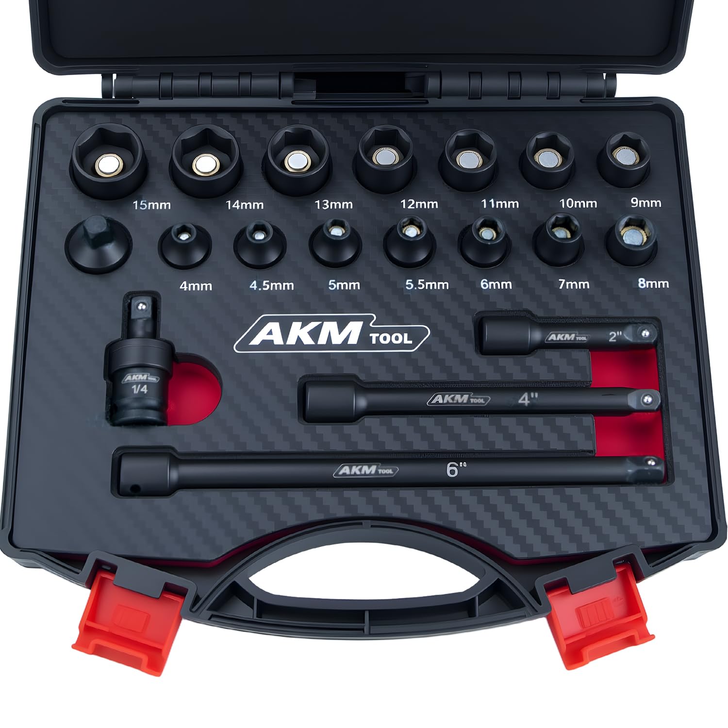 1/4 Inch Drive Magnetic Impact Socket Set, 19-Piece Metric, 4mm-15mm, 6 Point, Cr-Mo, Square Drive, Magnetic Socket with Adapter, Universal Joint &amp; Extension
