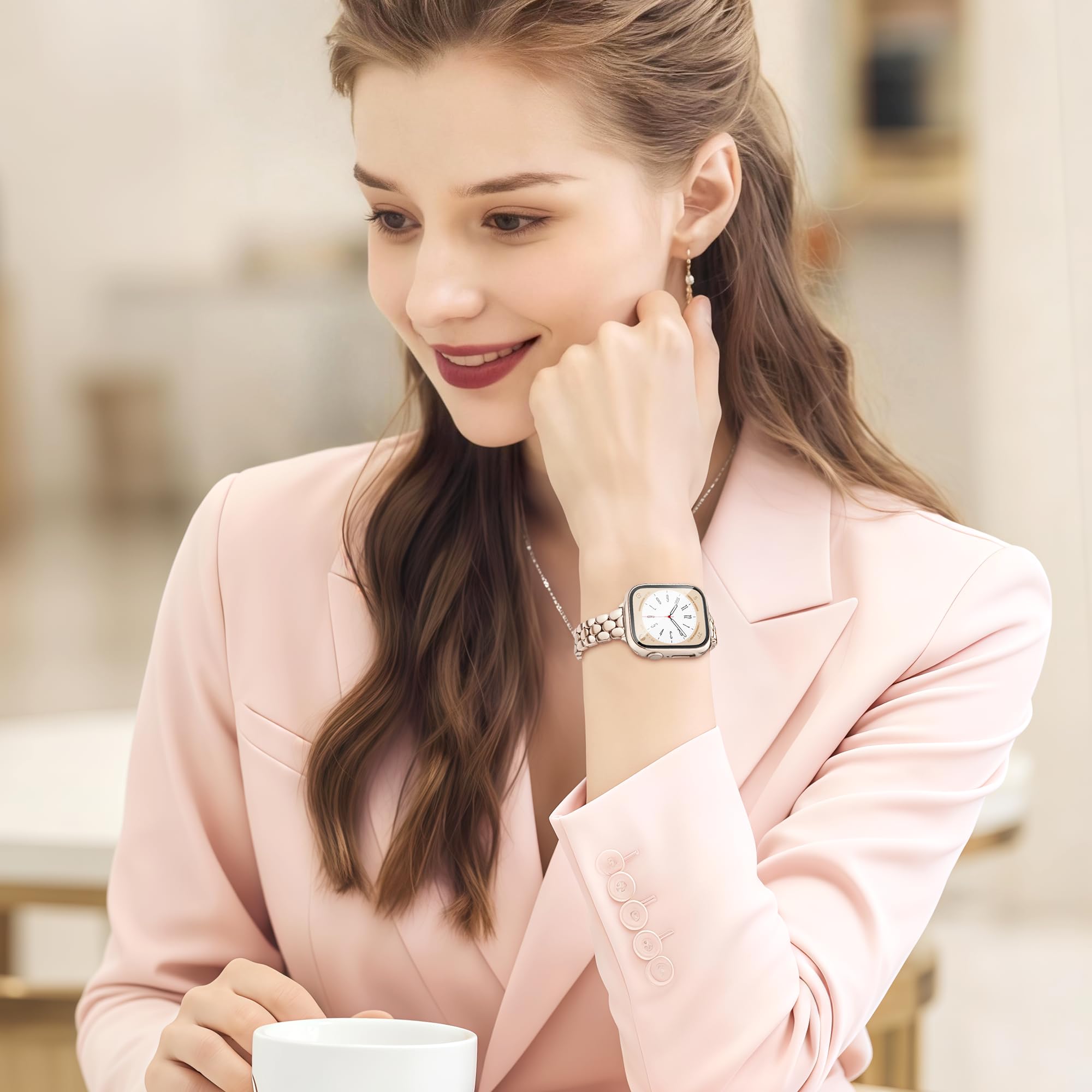 Melyis Cinturino sottile in metallo con custodia per Apple Watch da donna 40 mm, cinturino sottile in acciaio inossidabile per iWatch da donna, elegante cinturino per Apple Watch con pellicola