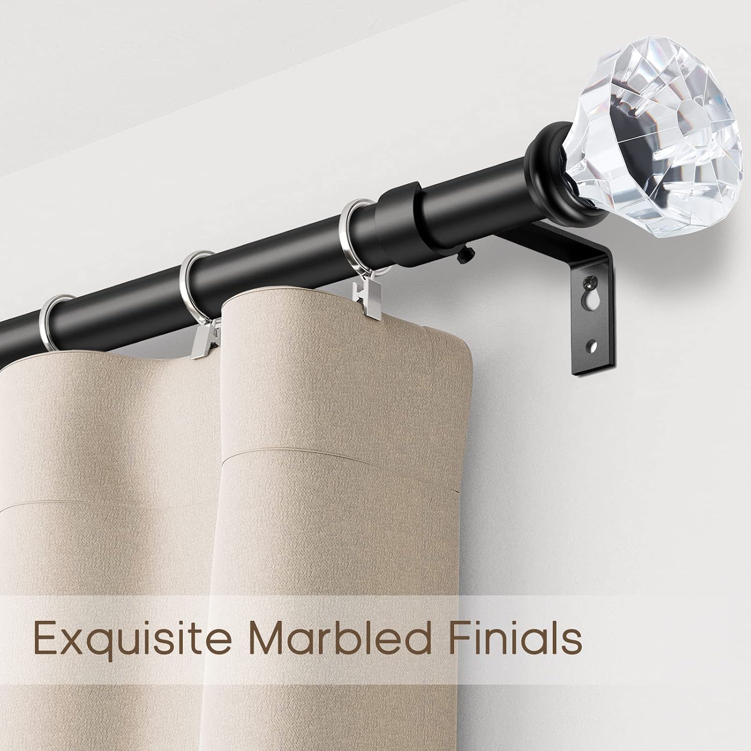 DAINTIER 3/4 inch Single Window Curtain Rod with Diamond Acrylic Finial,66-120 inch,Matte Black