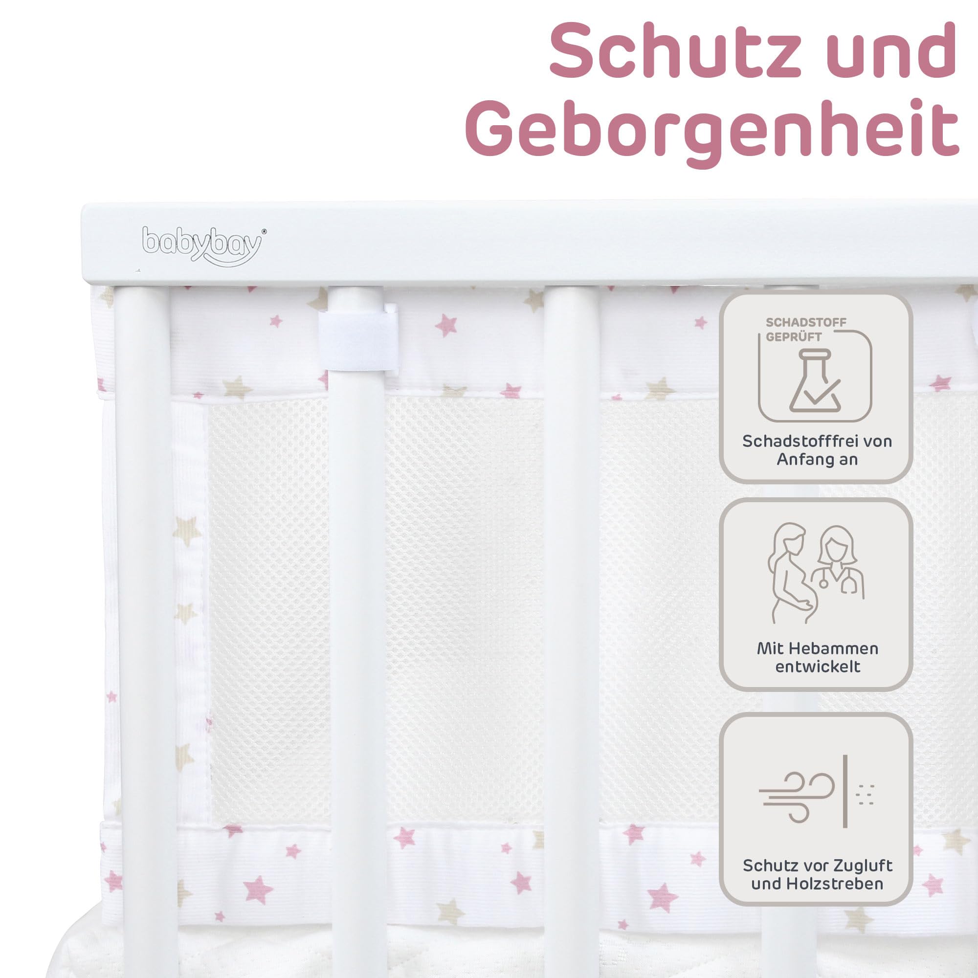 babybay Paracolpi in rete piqué 3D adatto per modello Maxi, Boxspring, Comfort e Comfort Plus, bianco mix stelle sabbia/bacche