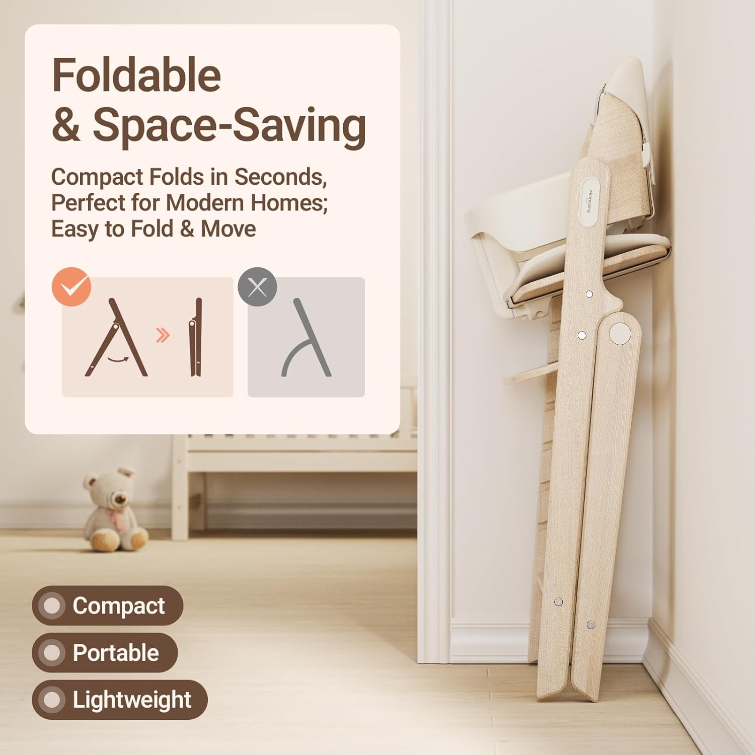 Image demonstrating the Mamazing GrowPod Pro high chair in its unfolded and compactly folded states, highlighting its space-saving design.