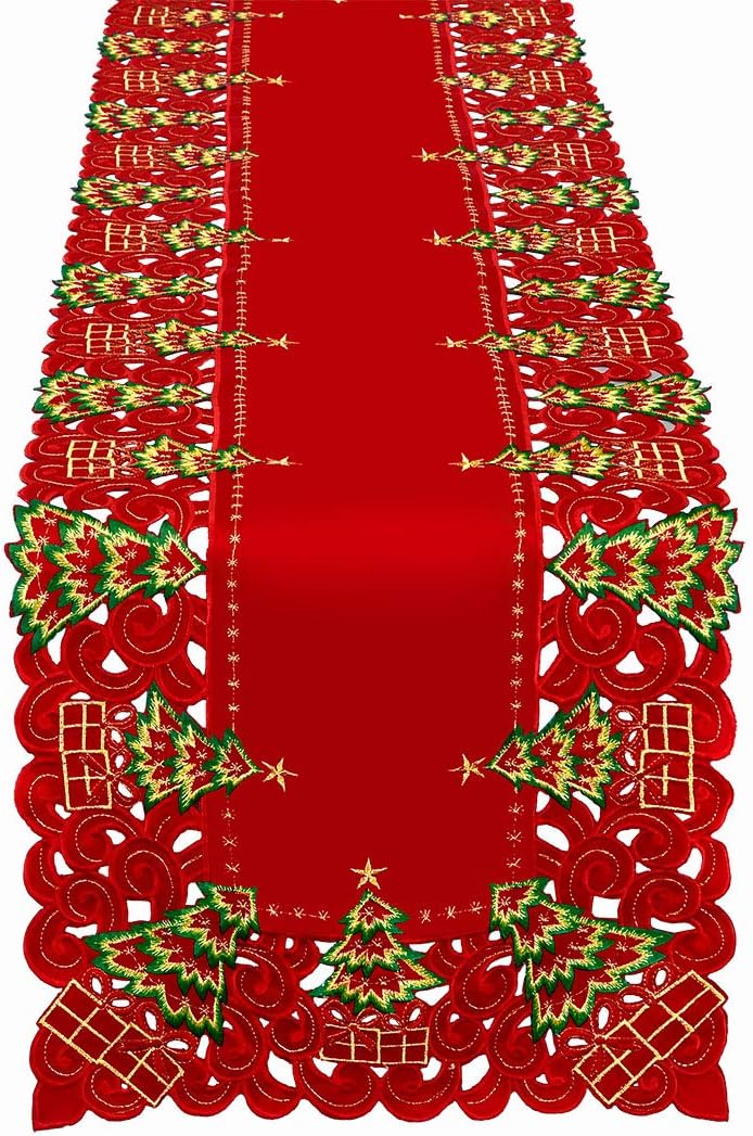 Grelucgo Super Large Embroidered Christmas Holiday Holly Tree Table Runner, Rectangular 16 x 144 Inch