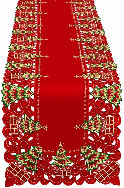GRELUCGO Embroidered Christmas Holiday Holly Tree Large Table Runner And Dresser Scarf, Rectangular 15 x 108 Inch