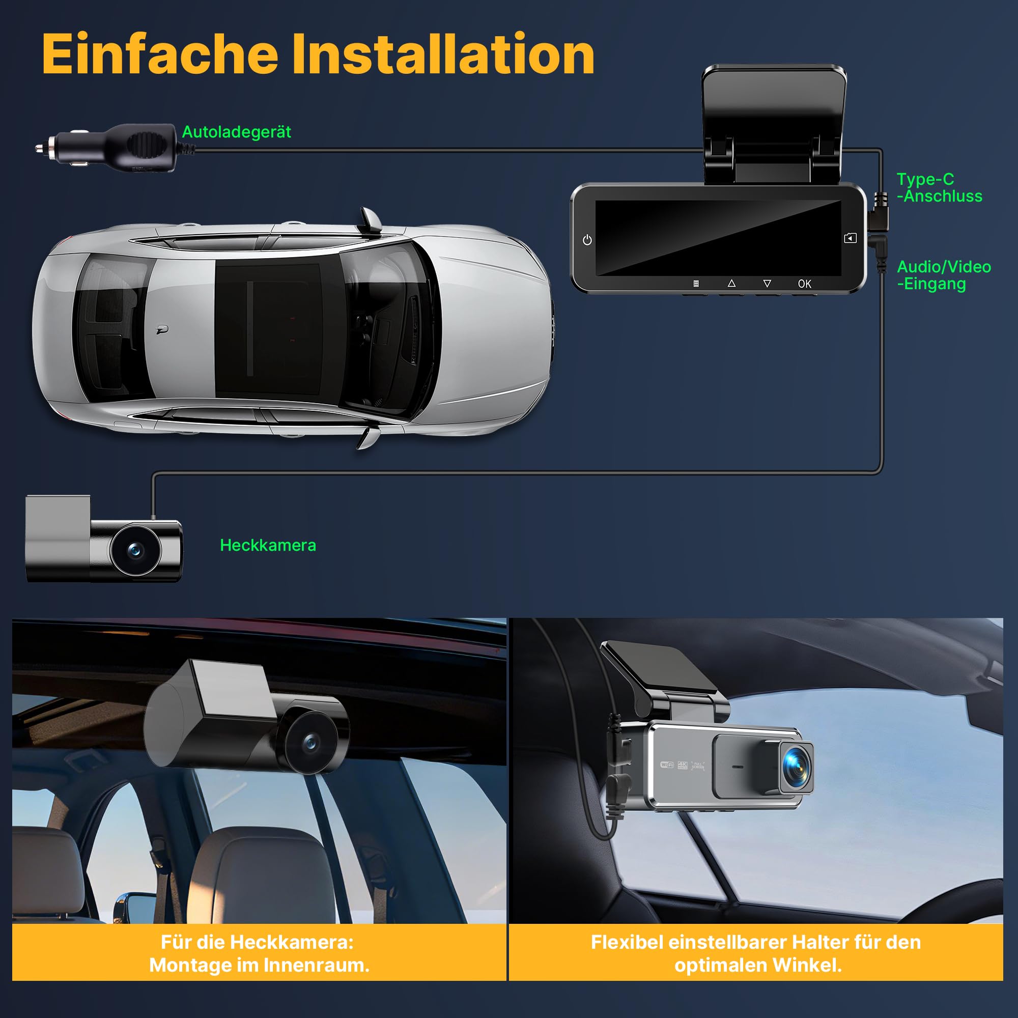 Dashcam Voiture Avant Arrière 4K+2K, Caméra Embarquée Voiture avec Carte SD 64Go Gratuite, Capteur G, WiFi App, Super Vision Nocturne, Mode Parking 24H, Enregistrement en Boucle Dashcam