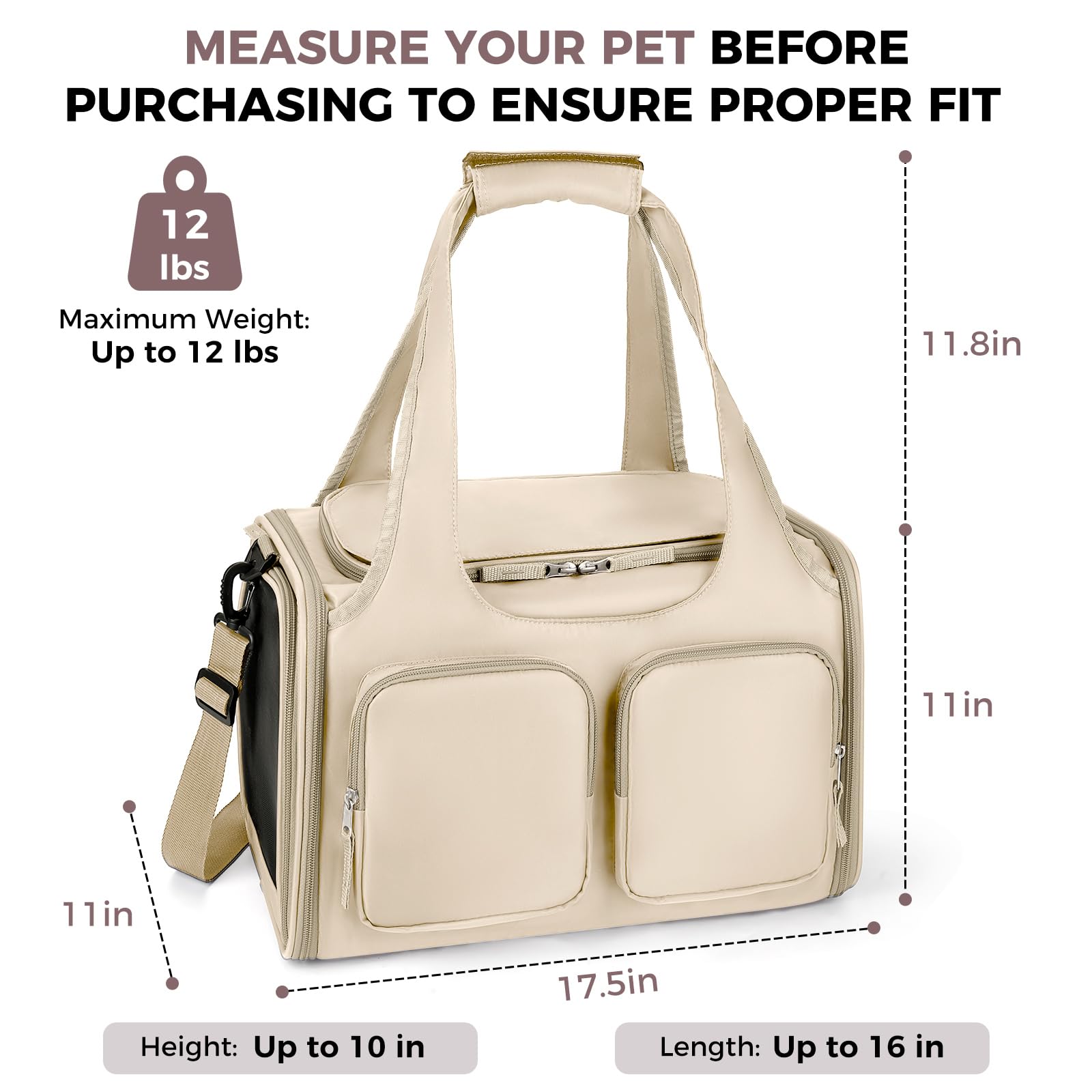 Dog, Cat Carrier for Pets Up to 15 Lbs, Airline Approved Collapsible Soft-Sided Pet Travel Bag with Locking Zippers, Breathable Mesh and 4 Large Pockets, Removable Fleece Pad (Beige) - image 2