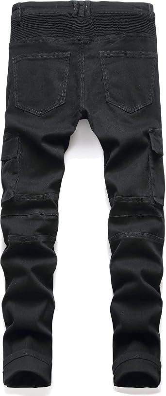 AITITIA Men's Biker Zipper Deco Washed Straight Fit Jeans