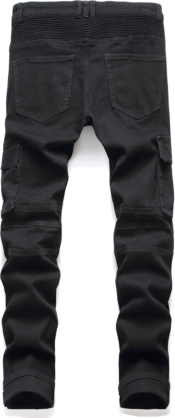 AITITIA Men's Biker Zipper Deco Washed Straight Fit Jeans
