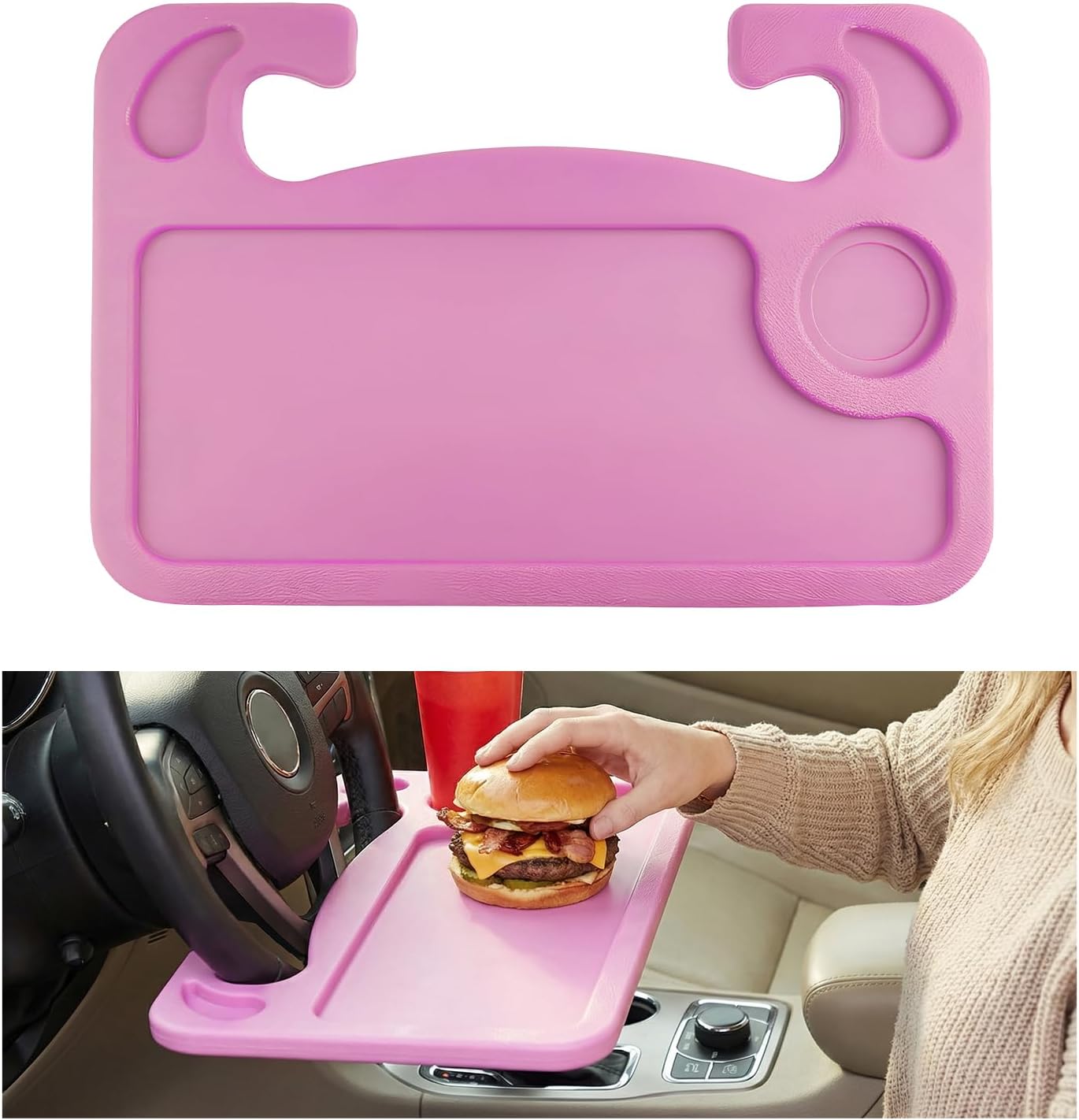 Car Steering Wheel Desk, 2 in 1 Multipurpose Auto Seat Stand Tray for Food Drink Laptop, Portable Double Sided Vehicle Steering Wheel Table for Eating & Work, Car Accessories (Black)