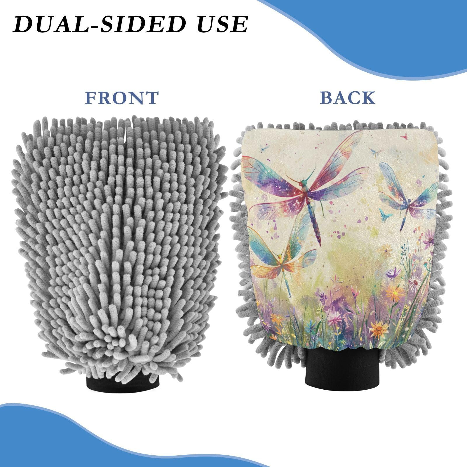 Kigai Dragonflies and Flowers Car Wash Mitt Microfiber, 2Pcs Scratch Free Lint-Free, Premium Chenille Microfiber Mitt Car Wash Brush-M