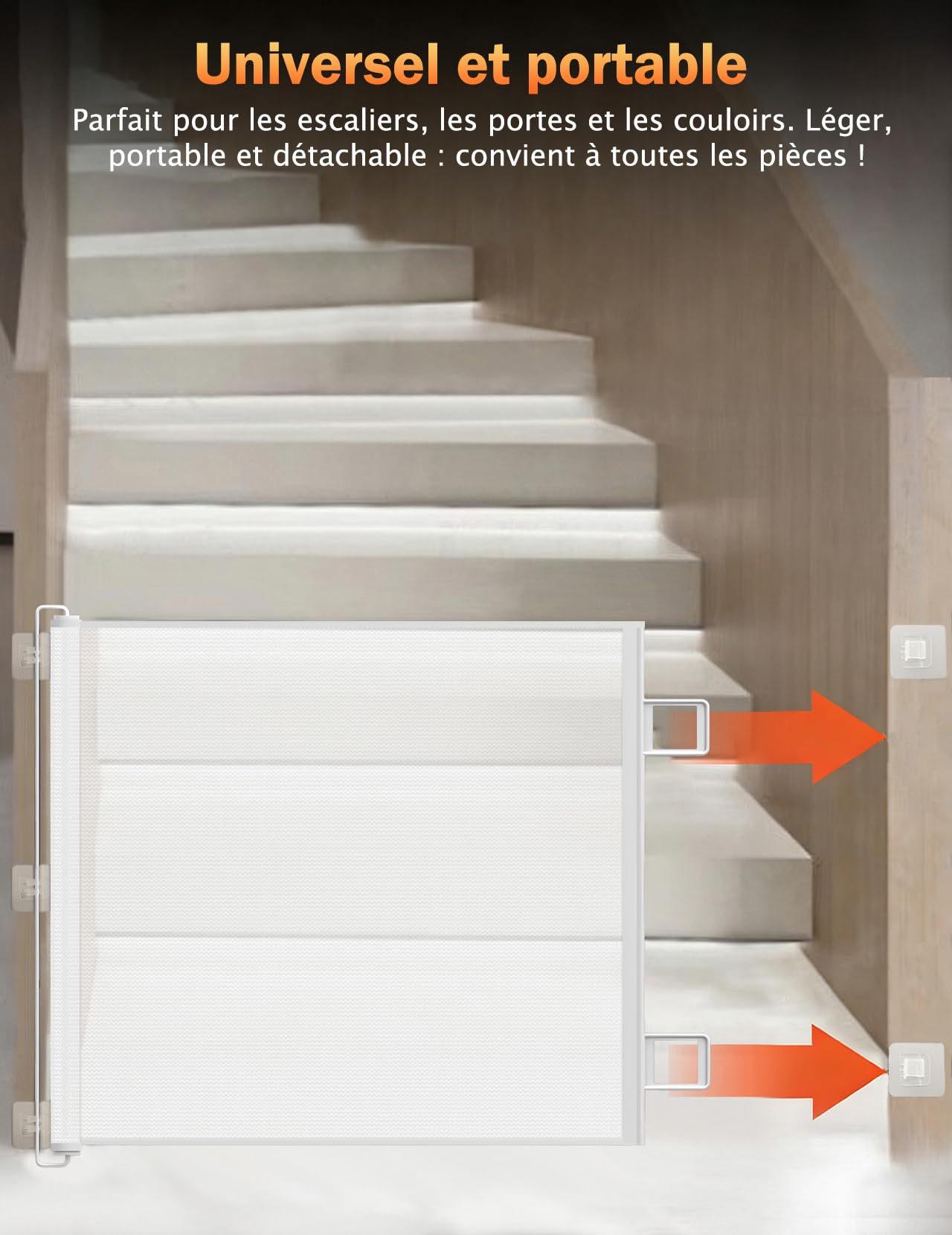 Barrière de Sécurité Chien Enfant Rétractable Extensible (110cm Blanc) | Sans Perçage, Pour Escaliers Portes Couloirs, Intérieur Extérieur, Hauteur Ajustable