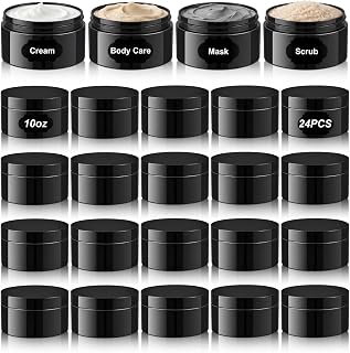 Dandat 24 Pcs 2/4/6/8/10/12oz Plastic Jar Container with Lid and Label, Empty Round PET Large Cosmetic Jars for Lotion, Cream, Body Butter, Sugar Scrub, Bulk Slime (10oz, Black Jar with Black Lid)
