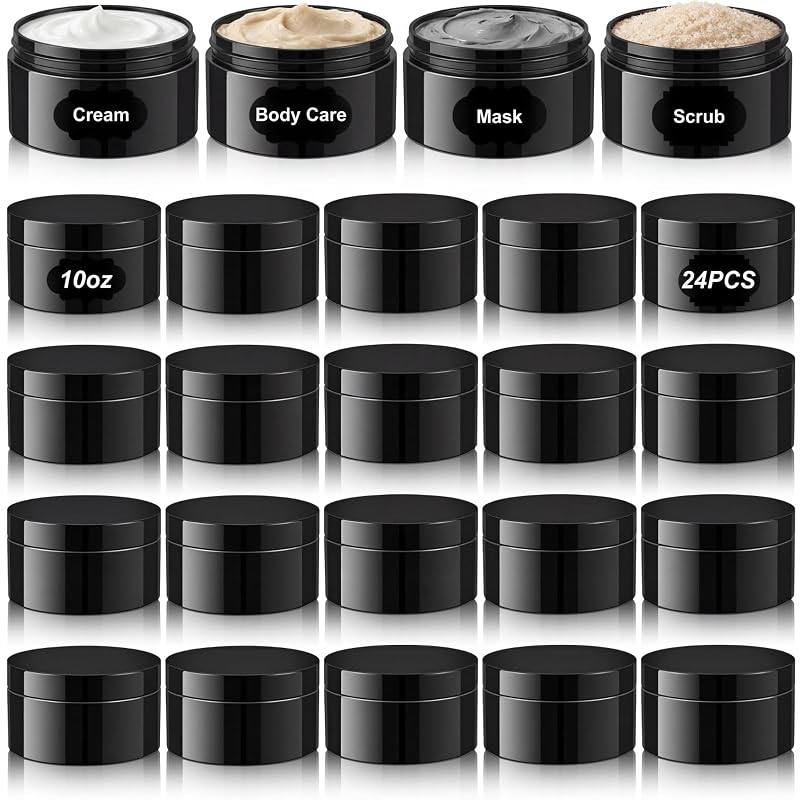Dandat Pacote com 24 frascos cosméticos de PET preto com tampas pretas e etiquetas, 295 mL