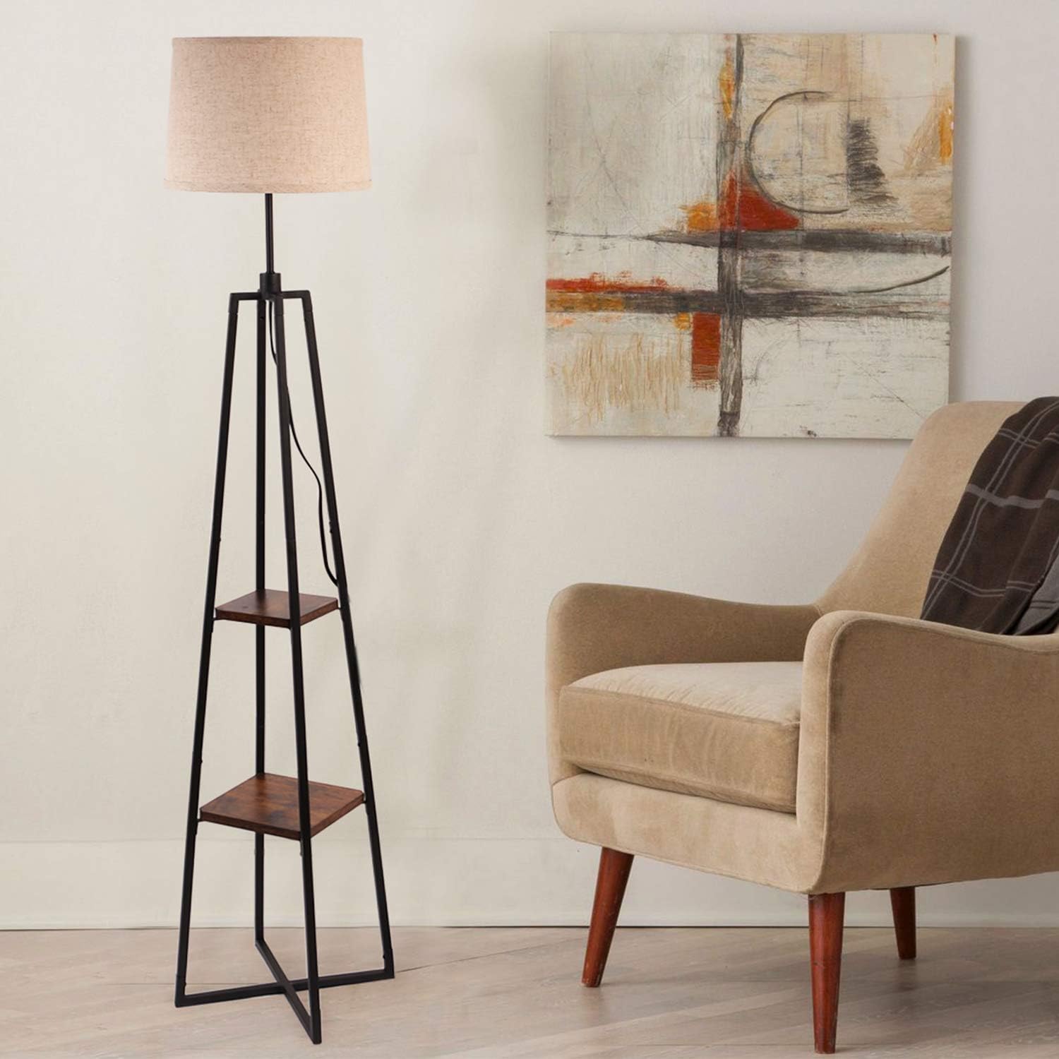 Best Deal Cheap 🛒 CASATOCA Floor Lamp with Shelves, Standing Reading Lamp, Display Shelves Floor Lamp, Simple Modern Floor Light, Linen lampshade, Metal Leg, for Living Room, Bedroom, dormitory or office, Rustic Brown