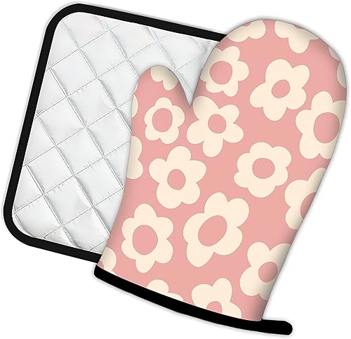 Miniatura 2 de Guantes de horno y soportes para ollas de cocina con flores retro, juego de 2 piezas, almohadilla resistente al calor para hornear, barbacoa,