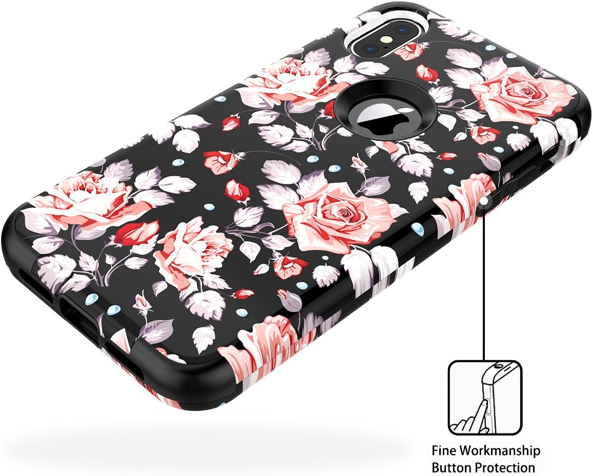 WeLoveCase iPhone X XS Case, 3 in 1 Hybrid Shockproof Armor Defender with Flower Floral Printed Design Case High Impact Heavy Duty Hard PC Shell Soft TPU Bumper Protective Cover for iPhone X/XS Rose