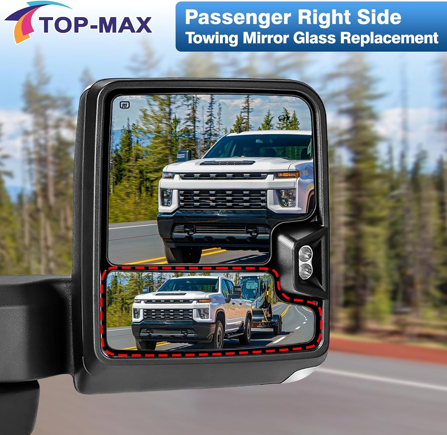 TOP-MAX Passenger Right Side Towing Mirror Glass Replacement Fit for 2019 2020 2021 2022 2023 2024 2025 Chevy Silverado GMC Sierra 1500 2500 HD 3500 HD, Convex Lower Mirror Non-Heated with Back Plate