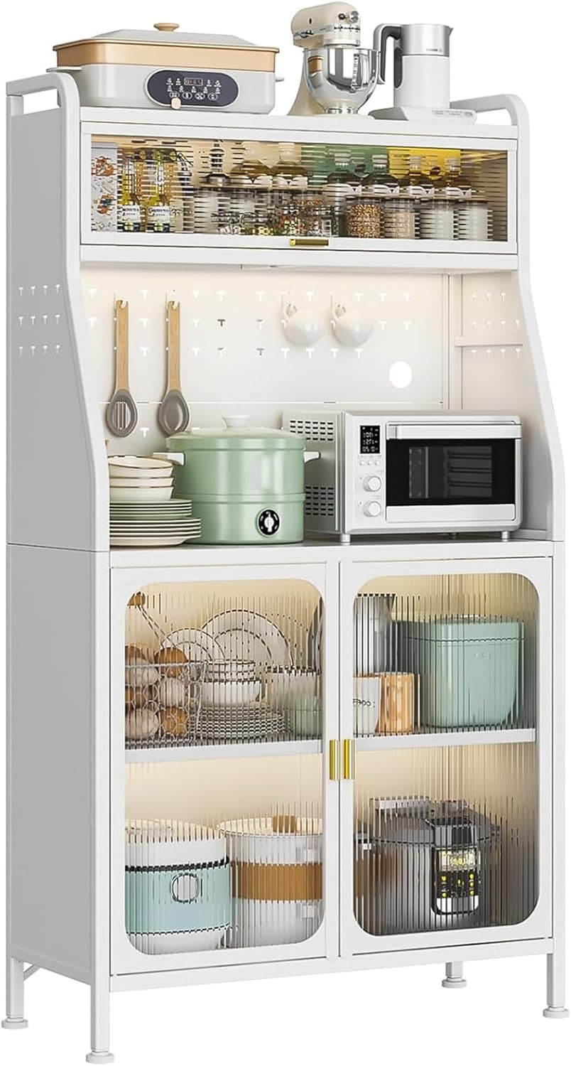 Bakers Rack with Storage - Standing Baker's Rack for Kitchen Living Room Bedroom, 5-Tier Storage Shelf in White, Kitchen Floating Shelves