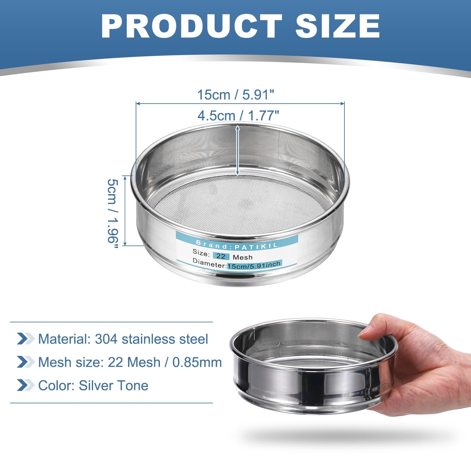 PATIKIL 22 Mesh (0,85mm) Laborsieb 15cm Durchmesser Siebgewebe 304 Edelstahl Drahtgewebe Feinsieb Für Industrie Labor Haushalt Bodensieb Trockensieb Hash