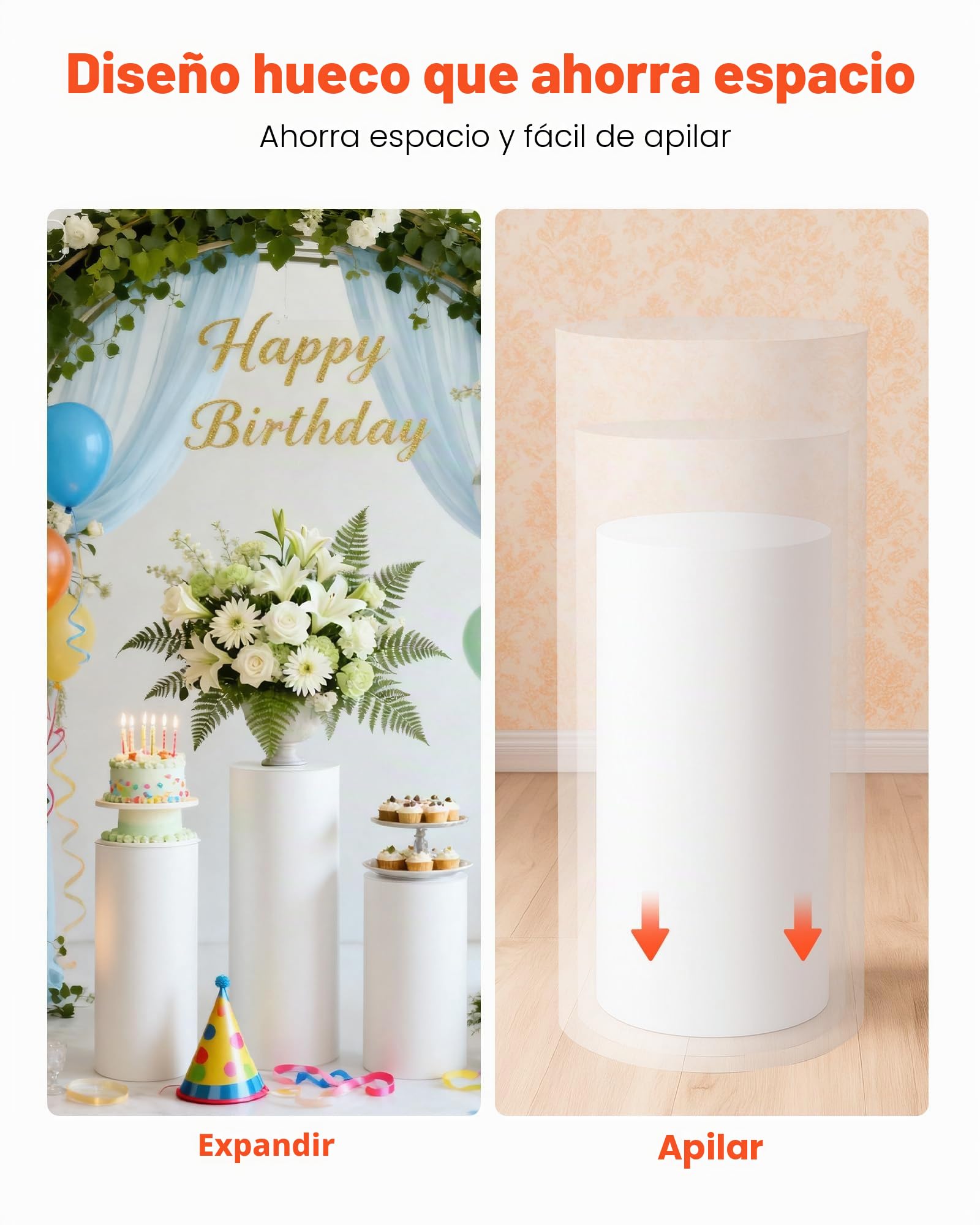 VEVOR Soporte Floral para Bodas, 3 Piezas, Pedestal Cilíndrico Redondo de 60/75/90 cm, con Tapa de PVC, Ideal para Bodas, Fiestas, Cumpleaños y Decoración Artística, Soporta hasta 15 kg