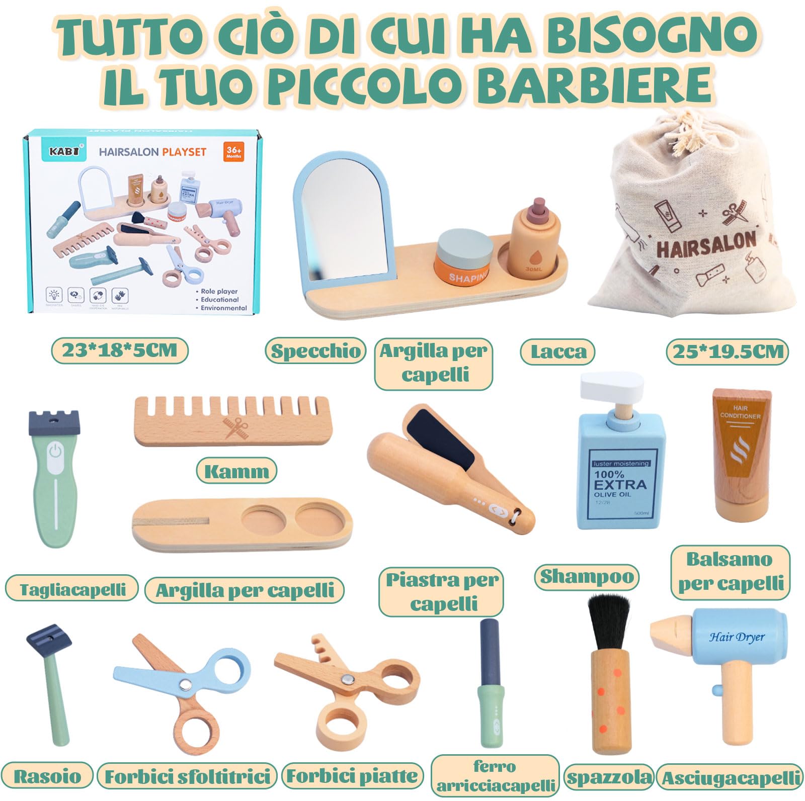 Set di valigie da parrucchiere in legno per ragazze – giocattoli per bambini regalo parrucchiere cassetta degli attrezzi con piastra lisciante pettine specchio e accessori per lo styling beauty trucco