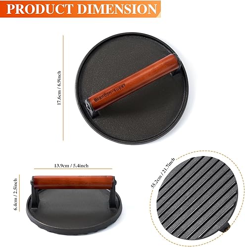 Miniatura 2 de Brandon-super Prensa de hamburguesa de hierro fundido resistente  Prensa de grado alimenticio para marcas perfectas de parrilla, mango de madera que