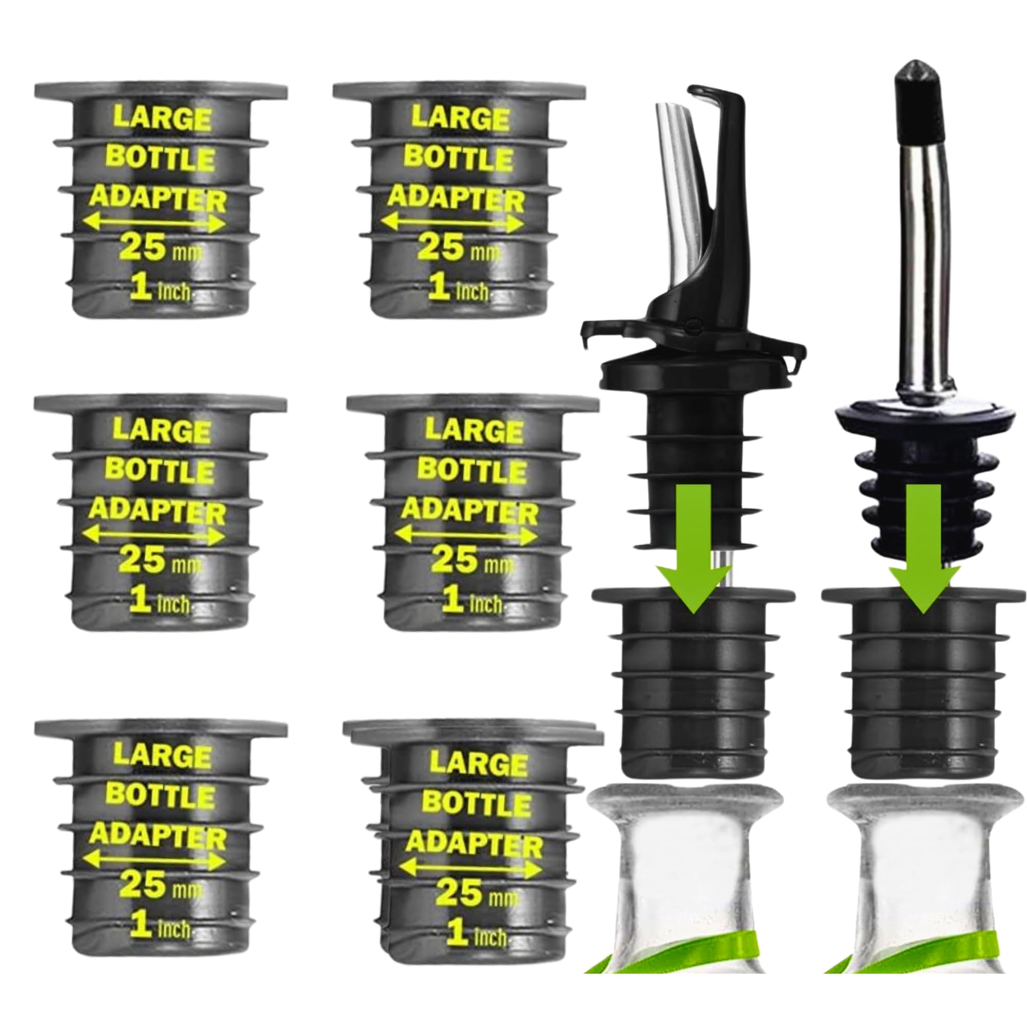 PouraSpirit Pourer Adapters 6 Pack – Adapt Any Spirit or Oil Pourer Spout with BPA-Free Natural Rubber Seal into Large Pourers – Fits Extra Large Bottles up to 1 Inch / 25 mm Neck