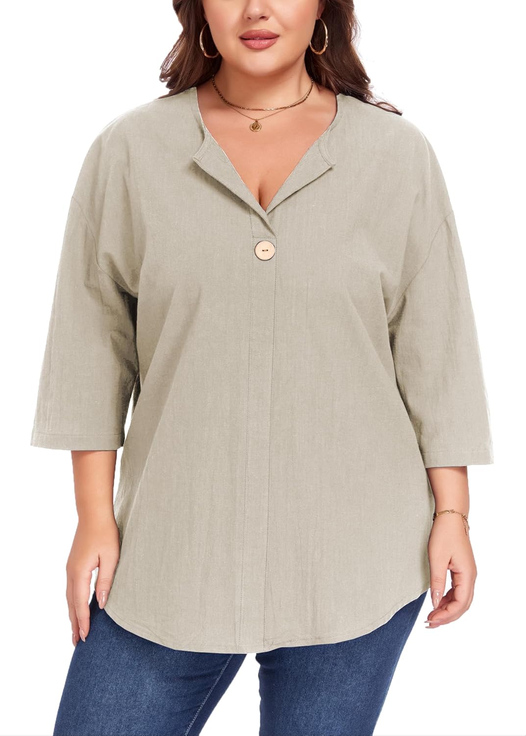 Women's Plus Size 3/4 Sleeve Linen Cotton V Neck Button Shirt Blouse Tunic Tops Loose Fit - Image 2
