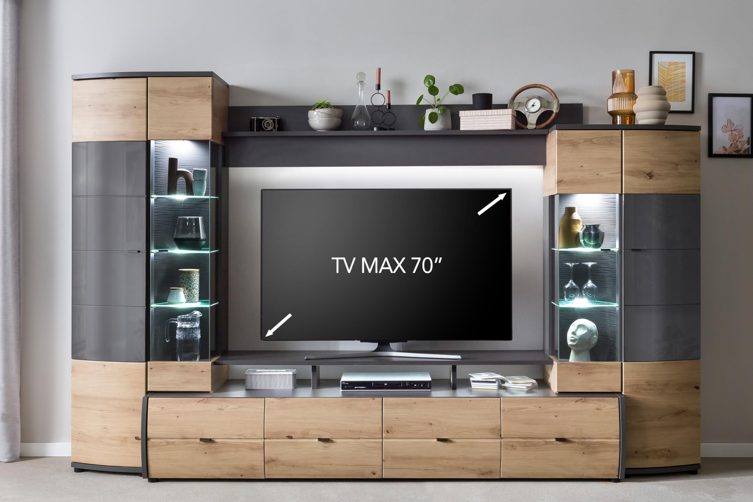 Florina VA Wohnkombination Set 4-Teilig - Modern - Front: MDF Hochglanz - Farbe: Braun/Grau - TV Wand - B/H/T: 302,2 x 193,3 x 53,2