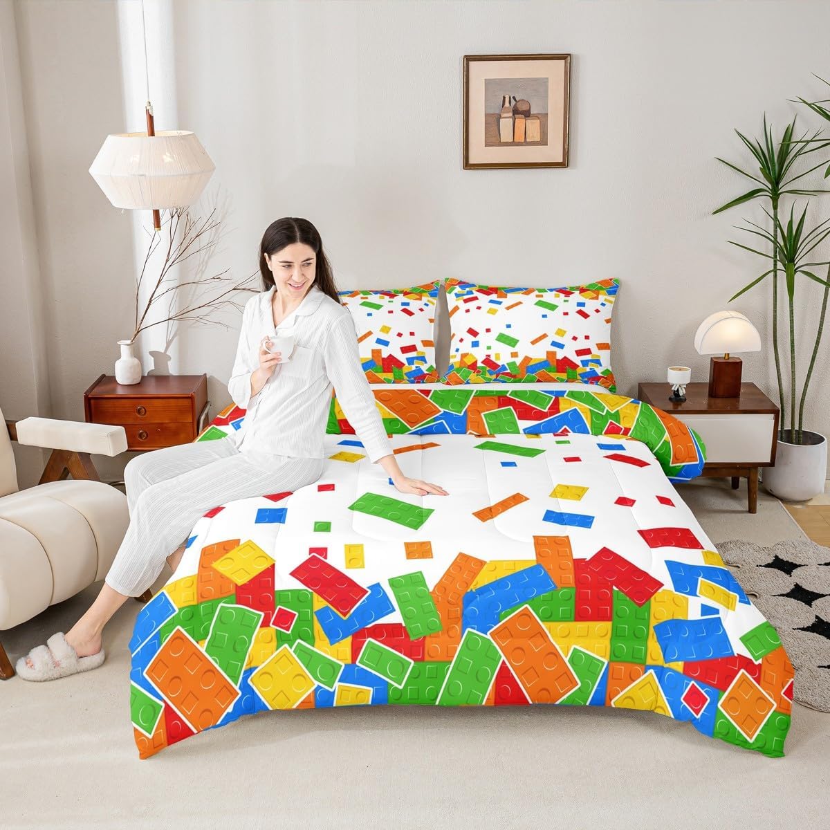 漫画コンストラクション掛け布団セット ツインサイズ キッズ 水彩ビルディングブロック 寝具セット 2個 子供 男の子 女の子 部屋の