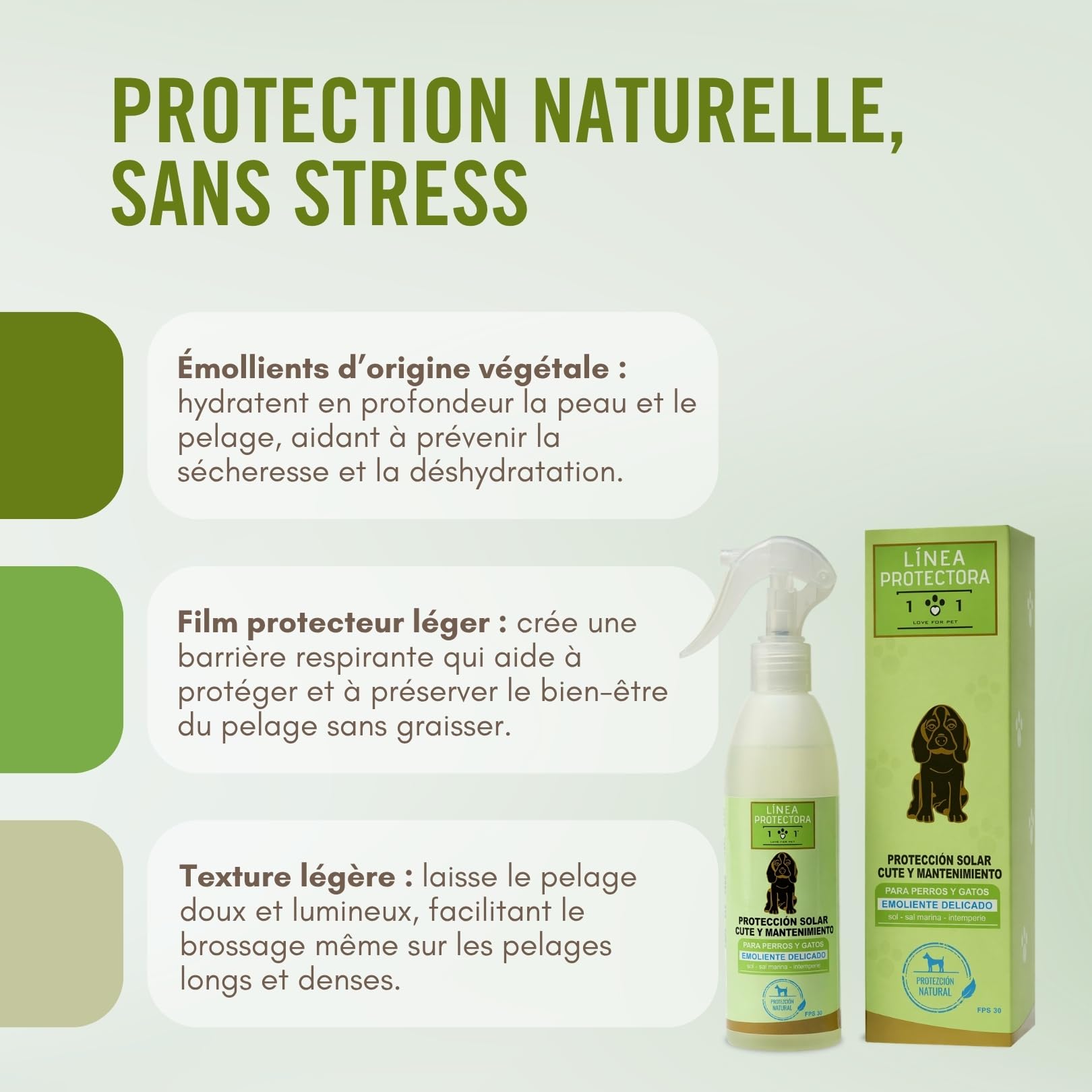 Linea 101 Creme Solaire Chien et Chat Spray 250ml Naturel et Végétal, Crème Solaire Chat Blanc, Protège Peau et Pelage du Soleil, Sel et Vent, SPF 30