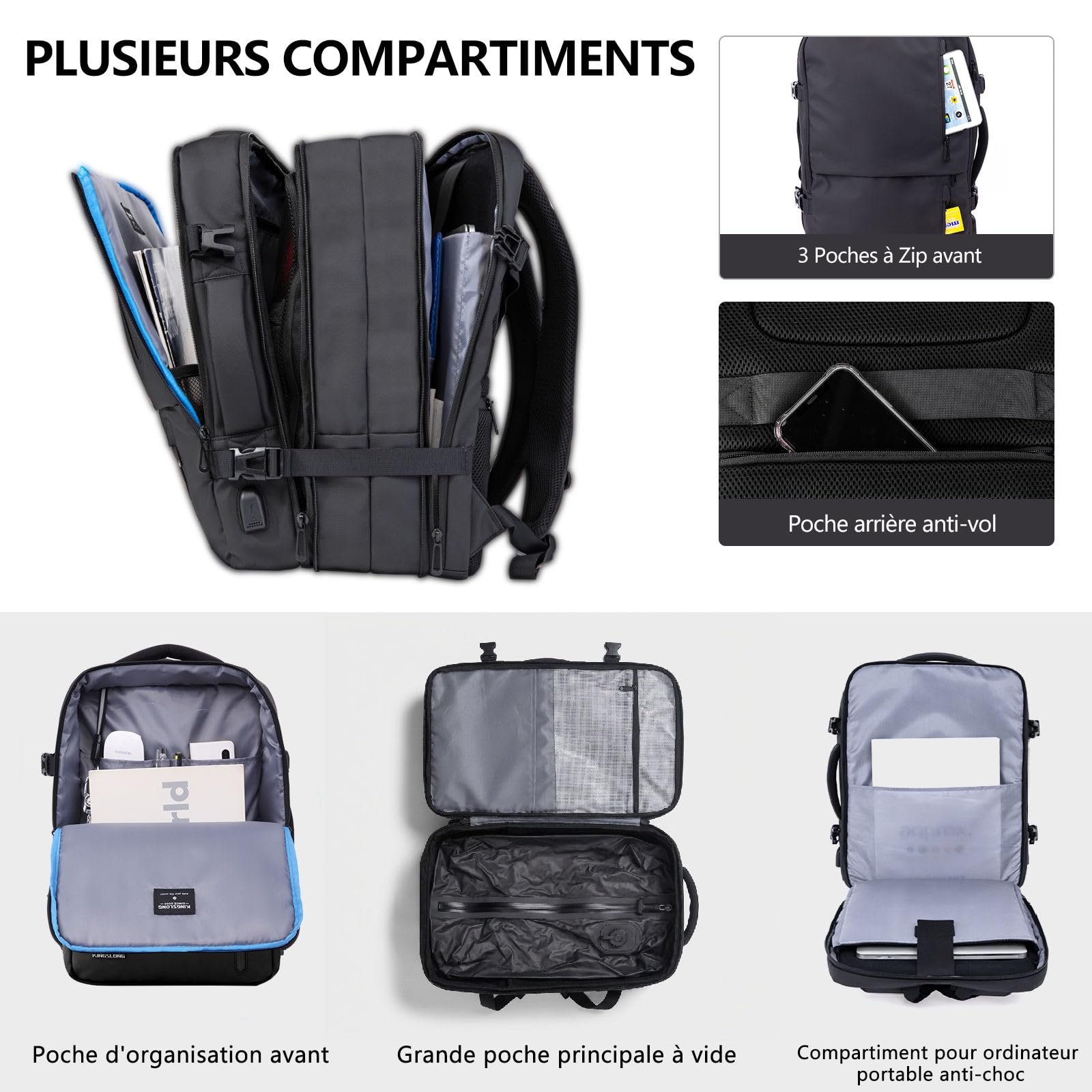 KINGSLONG Sac à Dos Cabine Avion avec Pompe à Vide Intégrée, Sac à Dos | Voyage Compression Sous Vide pour Homme, Extensible 46L, Sac Ordinateur Portable 19 Pouces, USB, Résistant à l'Eau, Business