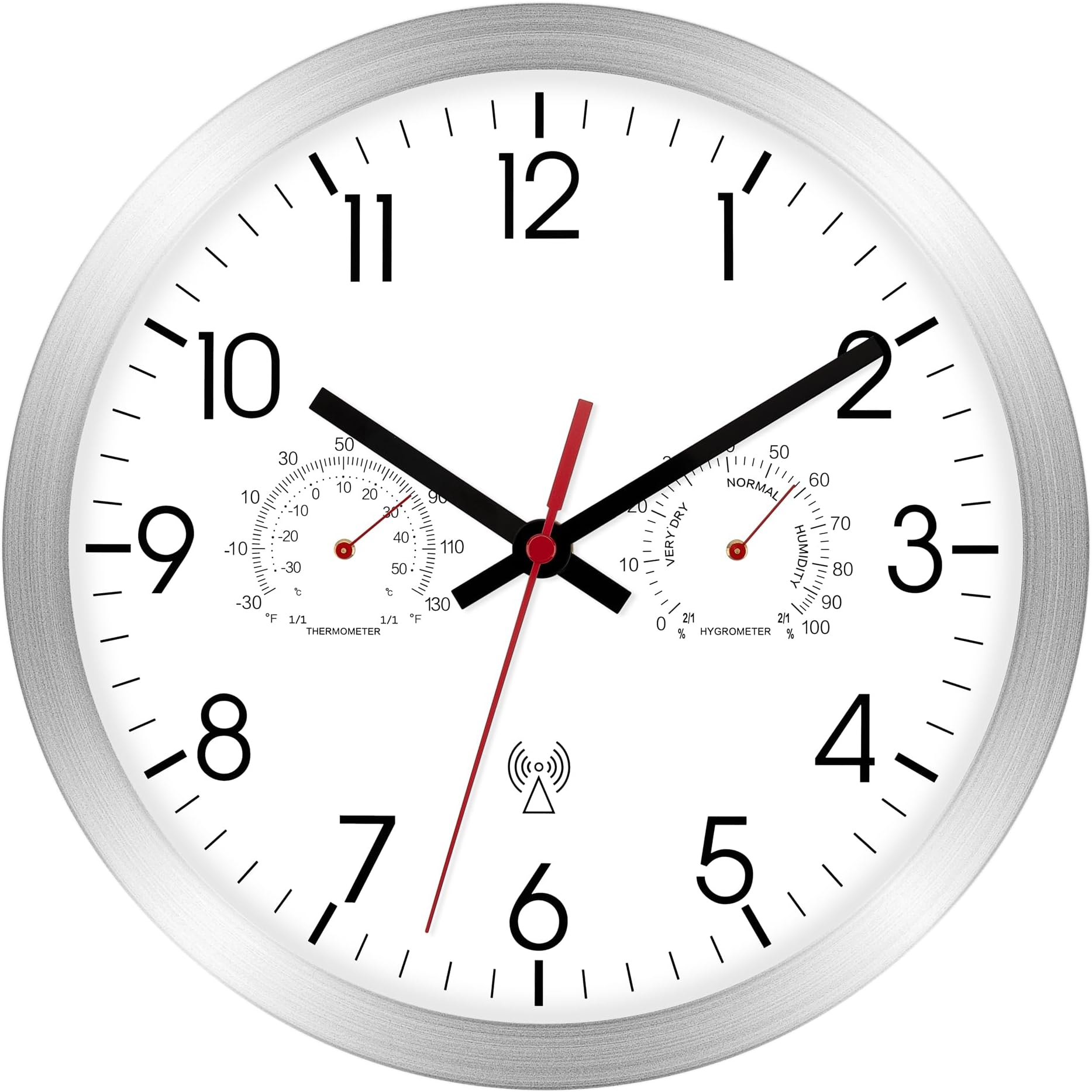 Foxtop Atomic Self-Setting Wall Clock with Thermometer and Hygrometer Combo, Silent Non-Ticking Battery Operated Round Modern Wall Clock for Bedroom, Kitchen, Home Office (10 Inch, Silver)