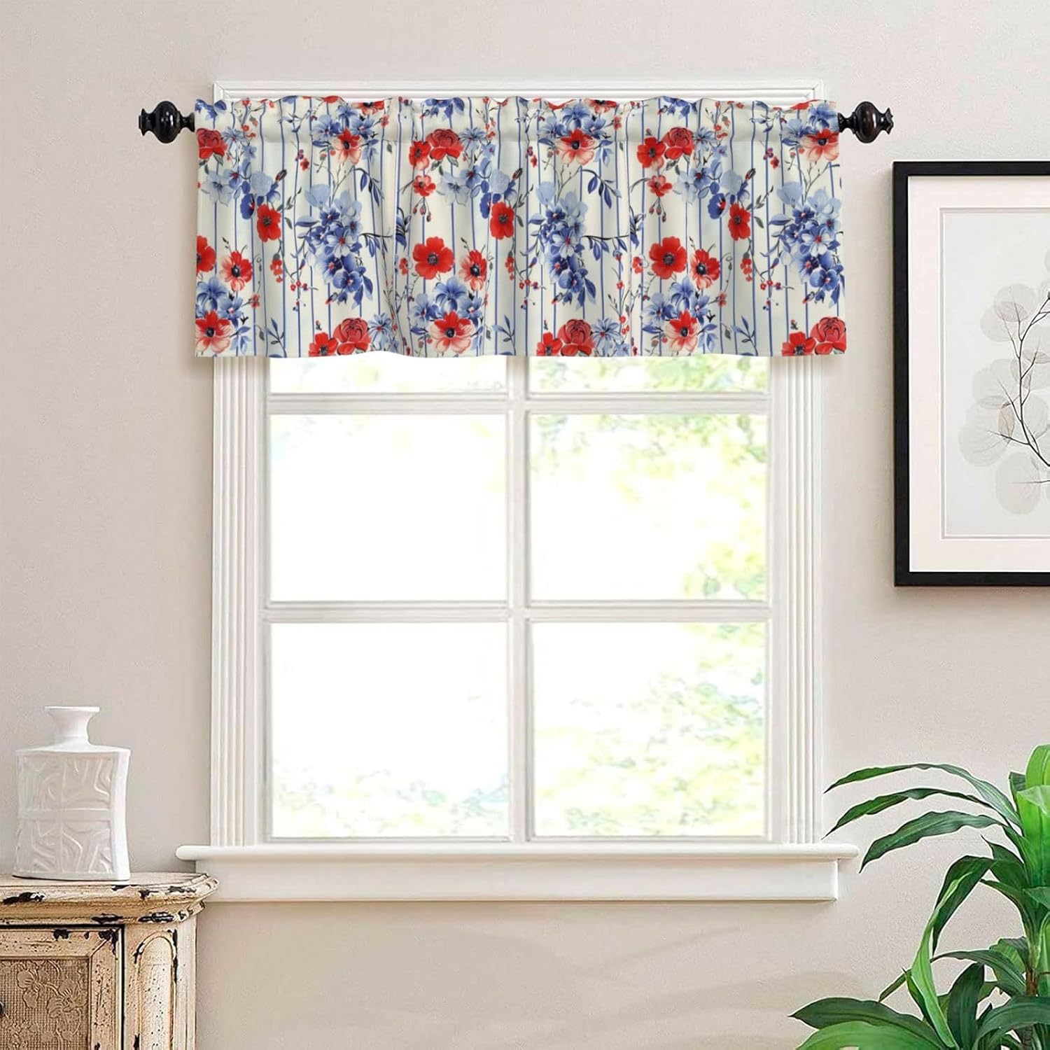 Valance for Windows Red Blue Flowers Blue Stripe Kitchen Curtains Valances Rod Pocket Window Treatment Short Topper Curtains 1 Panel, 54x18inch