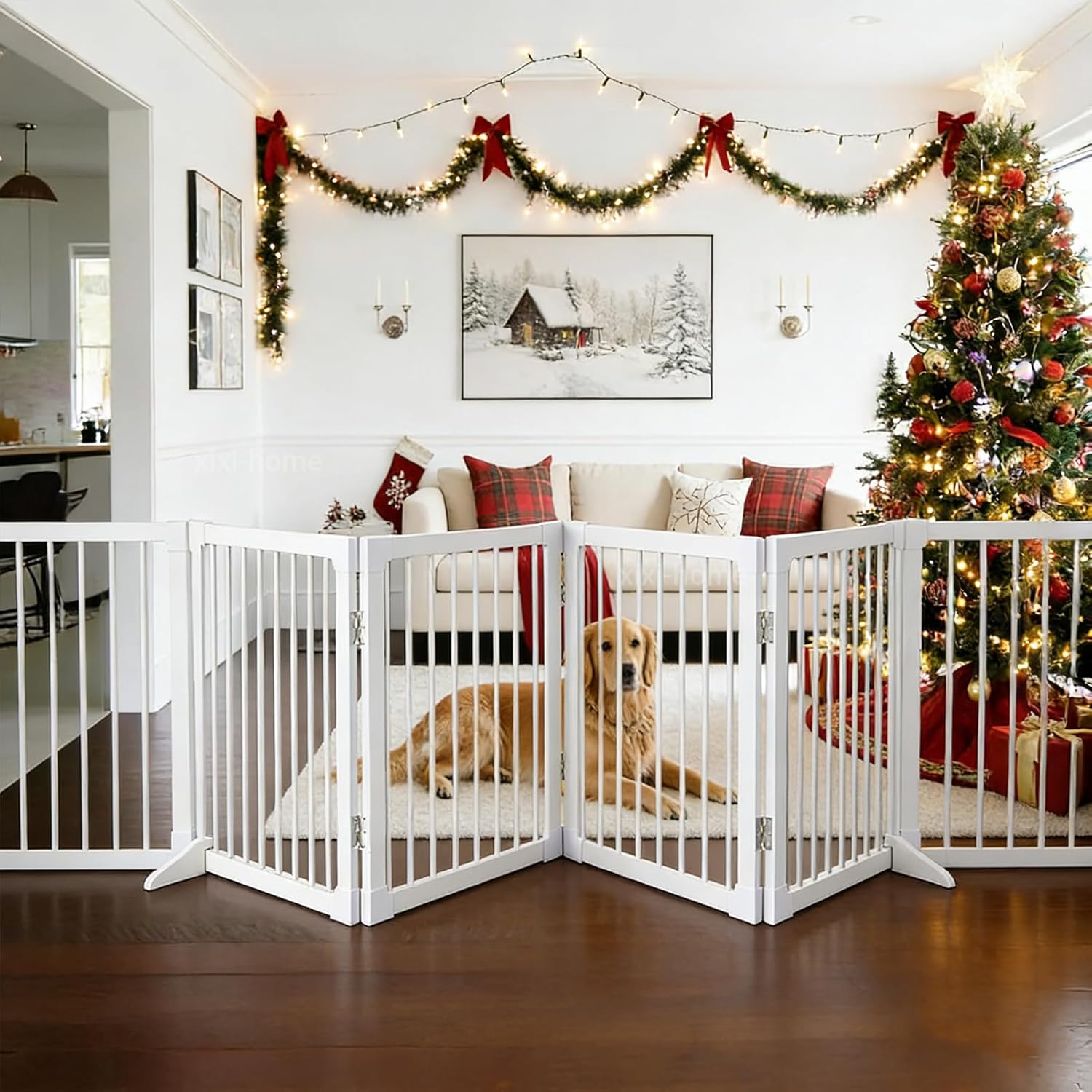 Foldable Wooden Dog Gates 82.6" Wide, 27.5" Tall Freestanding Pet Gate Dog Fence No-Installation Puppy Safety Fence Extra Wide Puppy Barrier for Doorways,Stairs, or Hallways-4 Panel，White