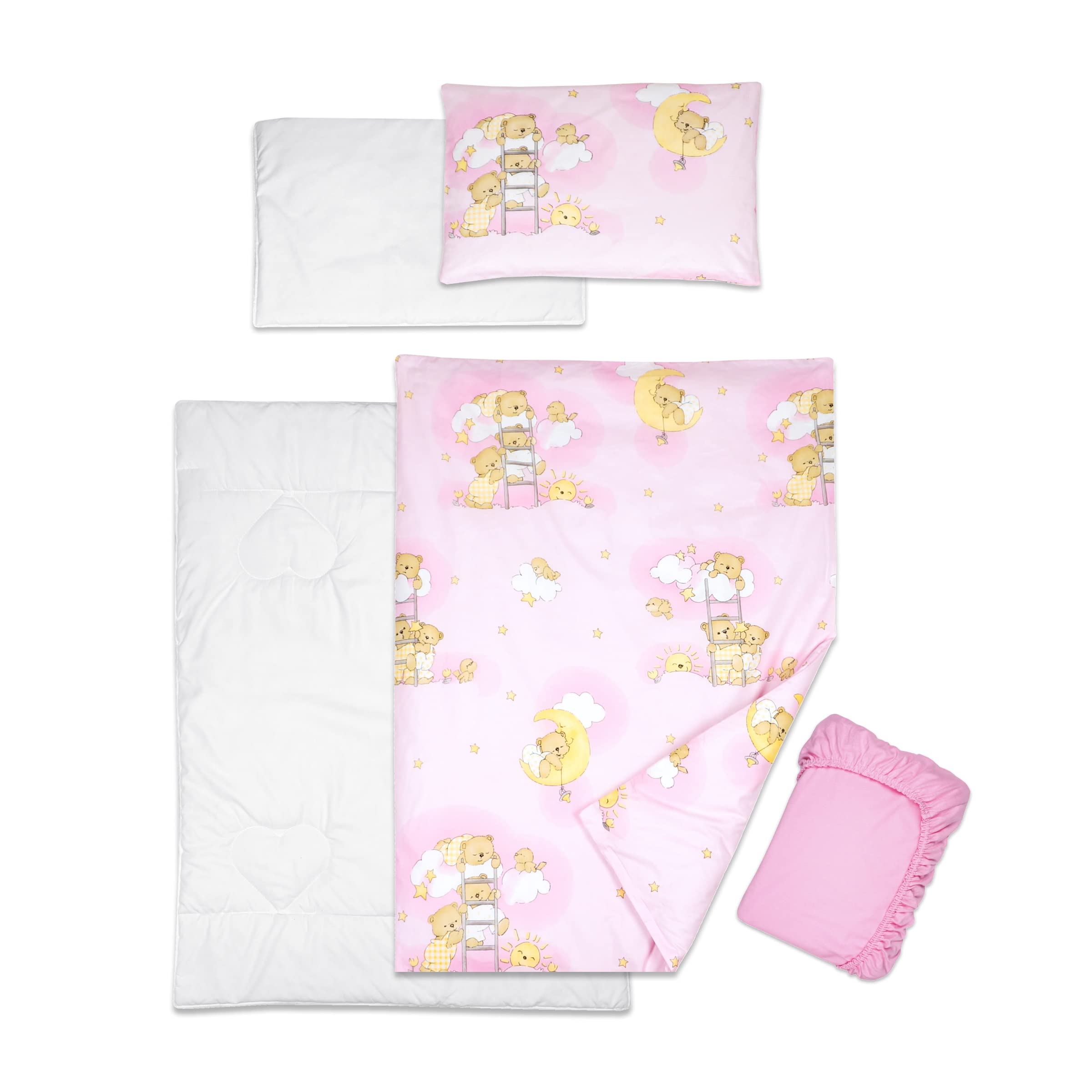Baby Comfort 5 Piece Toddler Bedding Duvet Pillow with Covers & Jersey Sheet fits 120x60cm Cot Bed 12M+ (Ladders Pink)