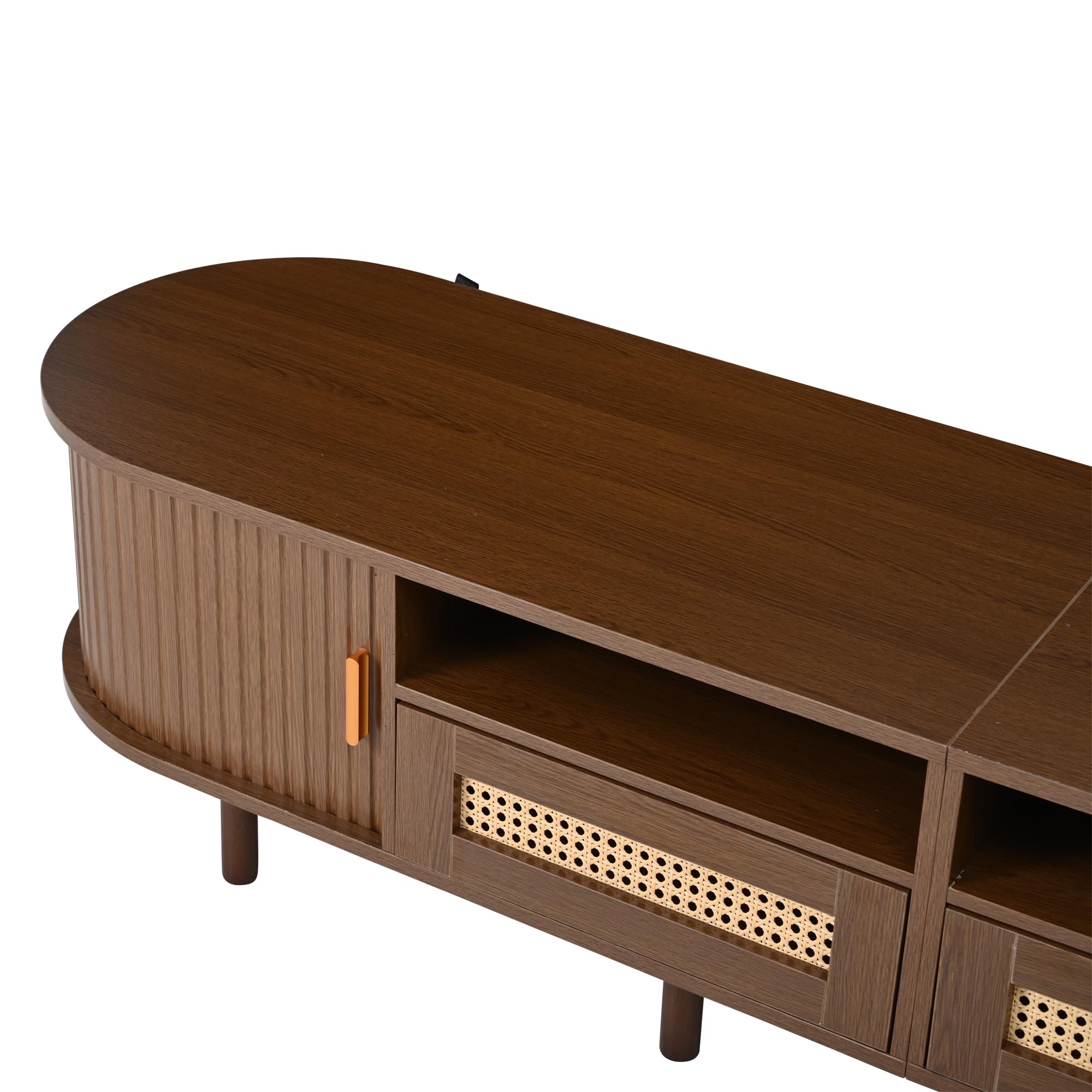SACOOL Supporto per TV ovale e tavolo per TV, 170 x 40 x 40 cm, mobile TV con 2 cassetti design in rattan, 2 ante scorrevoli, lowboard fino a 70 pollici, tavola TV e cassettiera TV, noce