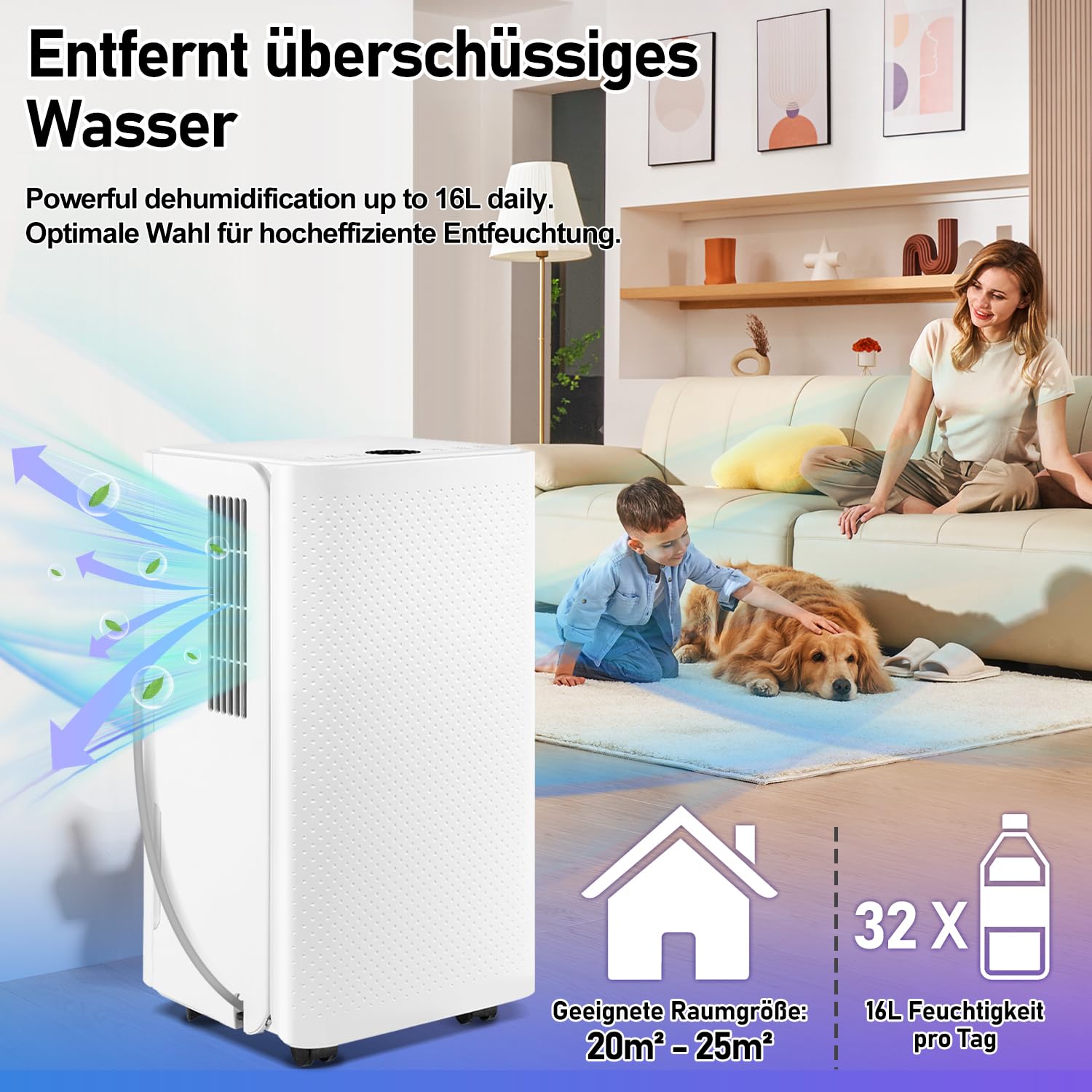 Osuszacz powietrza 16 l w 24 h wydajność osuszania, wielkość pomieszczenia ok. 15-20 m² z wyświetlaczem LED, bardzo cichy, suszenie prania, timer, ochrona przed wilgocią, pleśnią,