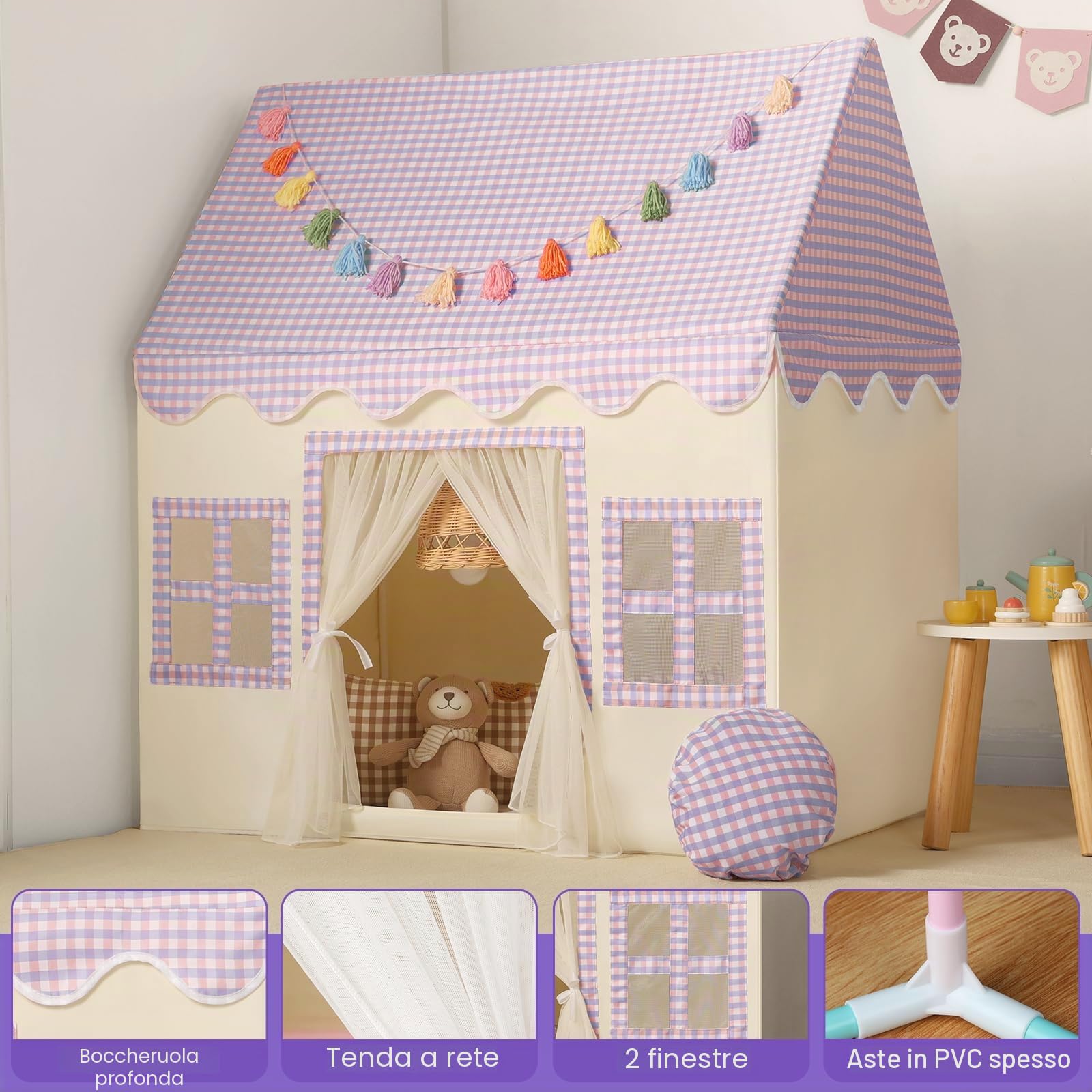 Wilwolfer Tenda da Gioco con Tappetino Morbido: Casa Giardino per Bambini - Tenda da Esterno e Interno - Casa con Ghirlande di Nappe per Piccoli - 67.5 D× 97 W × 107.5 H cm
