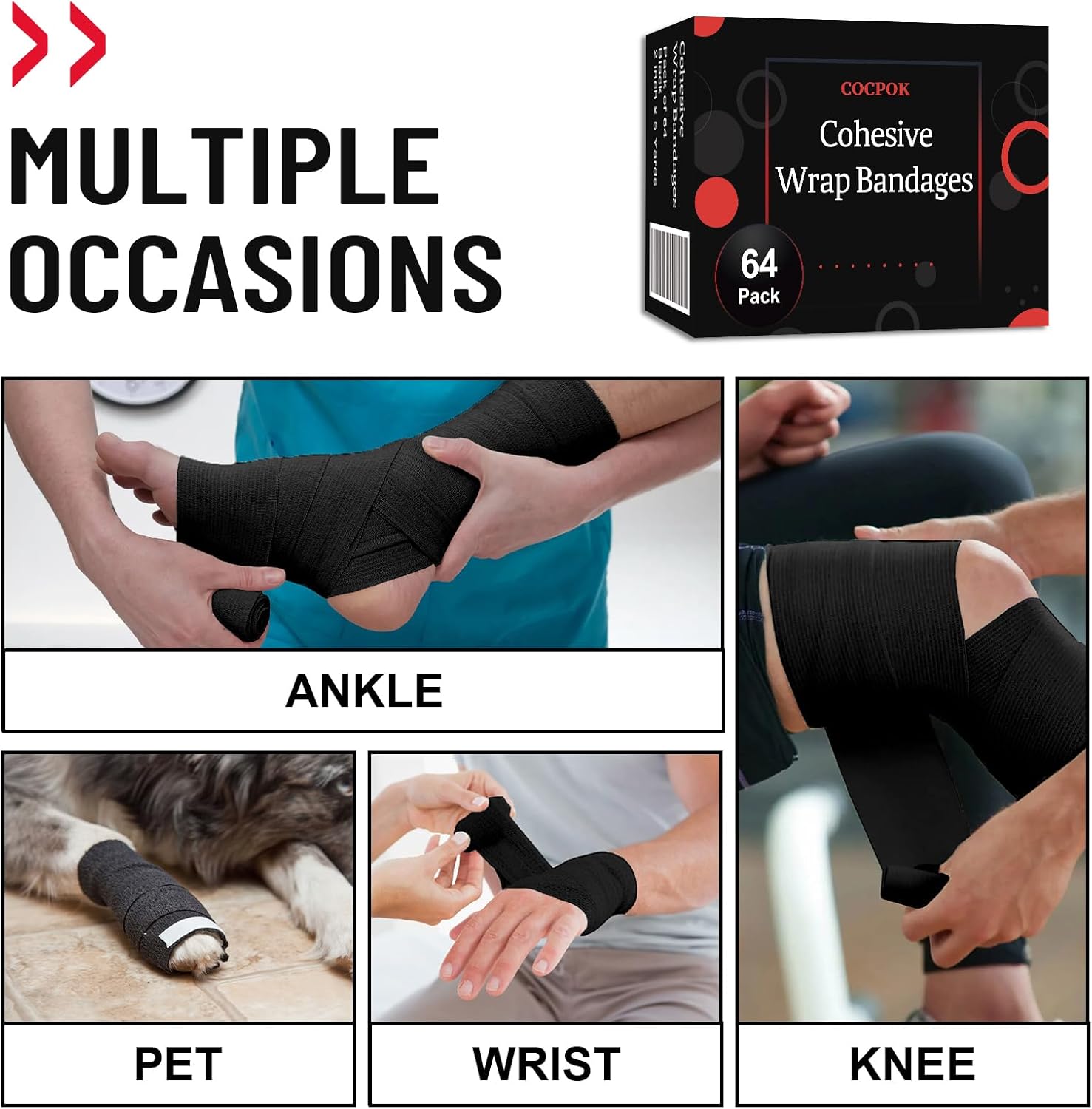 Self Adherent Cohesive Wrap Bandages,64 Pack Black Athletic Tape,Self Adhesive Bandage Wrap 2 Inch x 5 Yard,Elastic Cohesive Bandage Wrap,Breathable Sports Wrap for Wrist Ankle,Vet Wrap for Pet