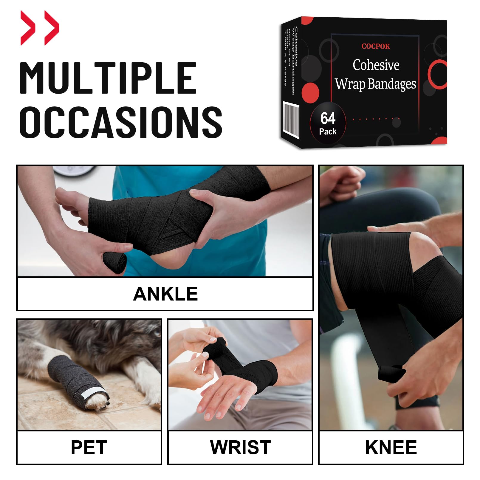 Selbstklebende kohäsive Bandagen, 64 Stück, schwarzes Sportband, selbstklebende Bandage, 5,1 cm x 4,5 m, elastische kohäsive Bandage, atmungsaktiv, Größe S
