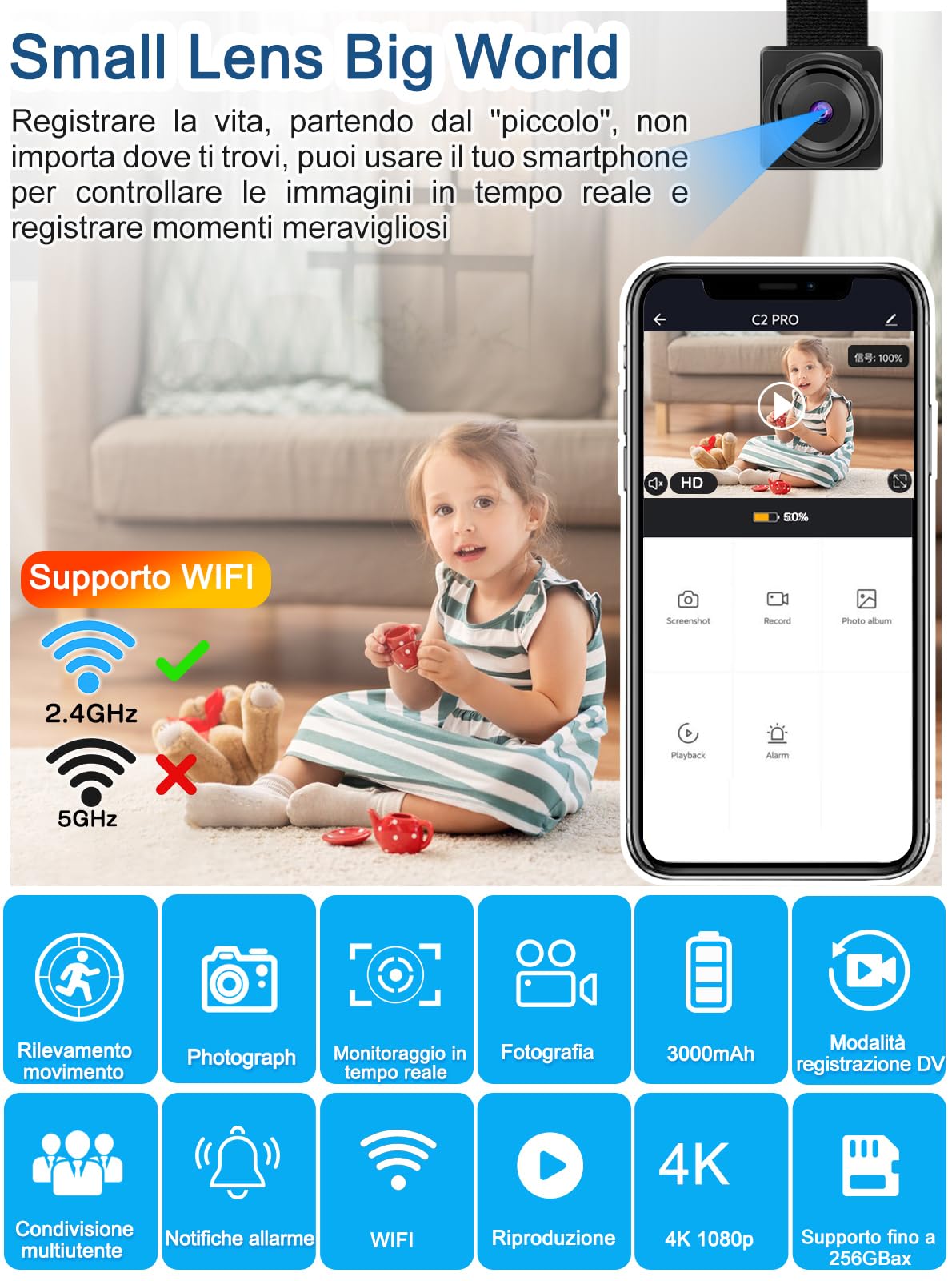 H+Y Mini Telecamera 1080P Dual-Mode, Wi-Fi 2.4GHz, Grandangolo e Protocollo RTSP. Supporta Foto, Registrazione Video e Allarme Rilevamento Movimento.