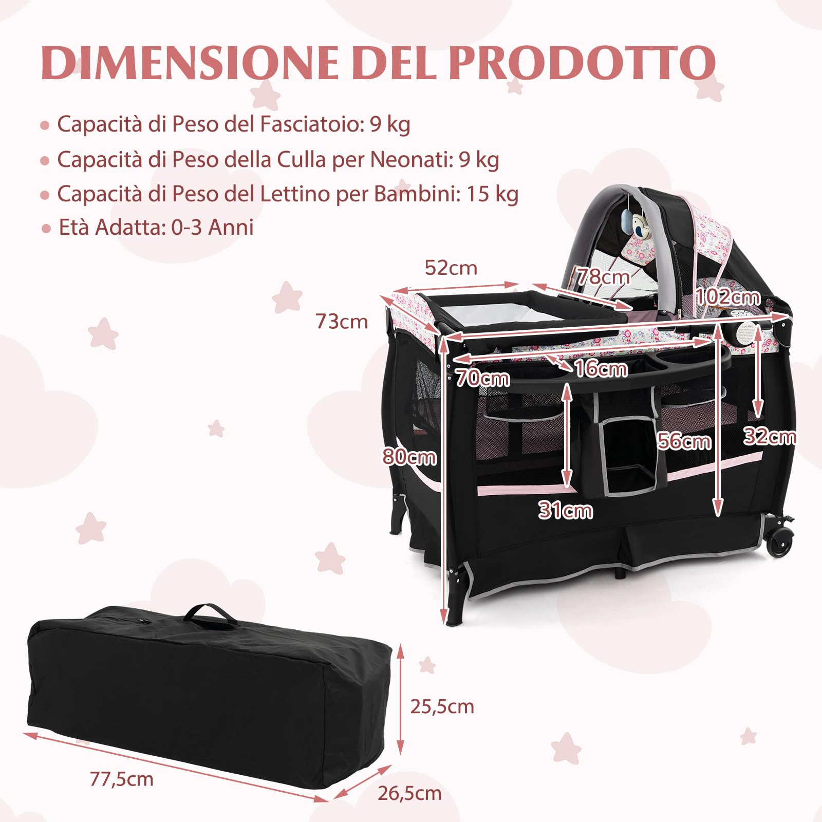 RELAX4LIFE 4 in 1 Lettino Neonato da Campeggio, Culla Next to Me con Fasciatoio, Culla Neonato Fianco Letto, Ruote Bloccabili e Borsa per il Trasporto, per Bambini 0-36 Mesi (Nero+Fiore)