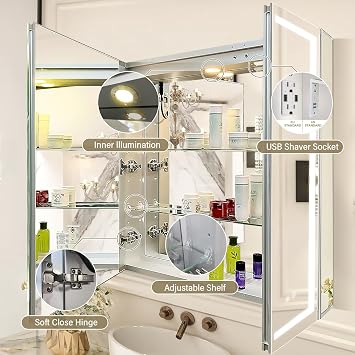 LED Mirror Cabinet,Bathroom Mirror Cabinet with Lights,76cm×81cm,Equip with Internal Light,Aluminum Construction,USB Shaver Socket,3 Color,Dimmer,Demister,Surface Mounted and Recess Mounted