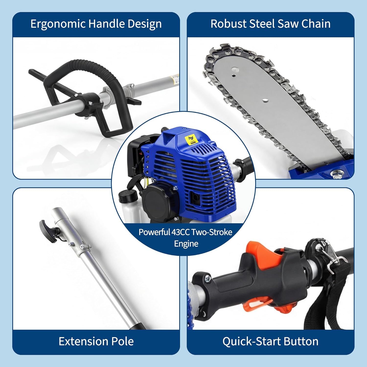 43CC Gas Pole Saw, 2 Stroke Gas Powered Pole ChainSaw, 12in Cutting Bar, 16 Ft Triming Height, Equipped 1200ml Large-Capacity Fuel Tank, Professional Landscap Tool for Tree Trimming Branches Prun