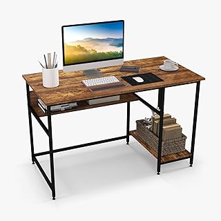 SFAREST Computer Desk, Wooden Laptop Study Table with Open Shelf and CPU Stand, Home Office PC Gaming Writing Workstation (Brown)