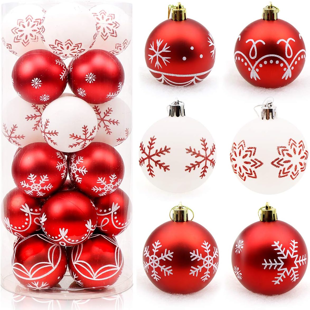 Linko Christmas Baubles Ornaments Set 2.4Inch/6cm, 24PCS Theme Painting & Glittering Christmas Balls in Red and White, Plastic Shatterproof Christmas Tree Baubles for Christmas Tree Decoration