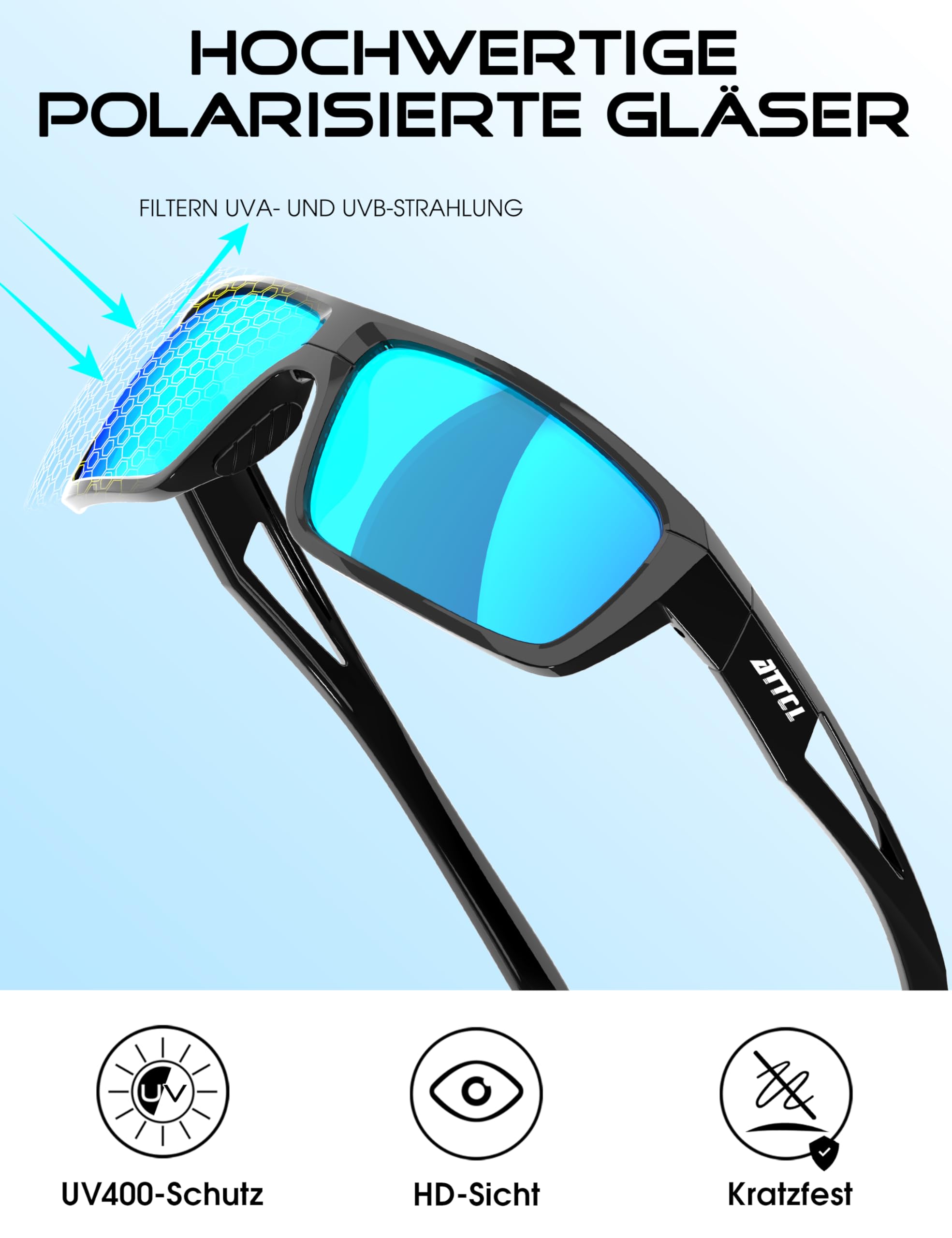 ATTCL Sonnenbrille Herren Polarisiert Sport UV400 TR90 Wrap-Around Leicht | HD TAC Linse, Blendschutz, Rutschfeste Tempel und Nasenpolster, Radfahren, Autofahren, Angeln, Golf, Cat 3