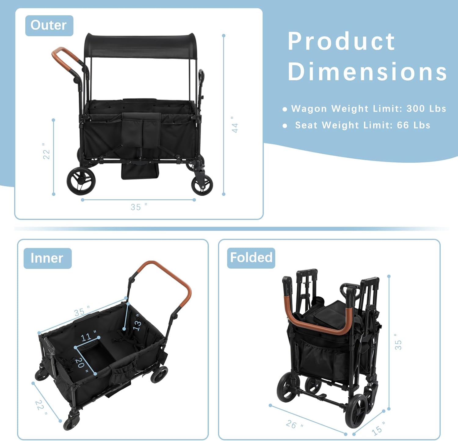 Stroller Wagon for 4 Kids with Footwell, Foldable All-Terrain Wagon Stroller with Adjustable Push/Pull Handle, Parent Organizer, 5-Point Harness, Ideal for Outdoor Adventures (Black)