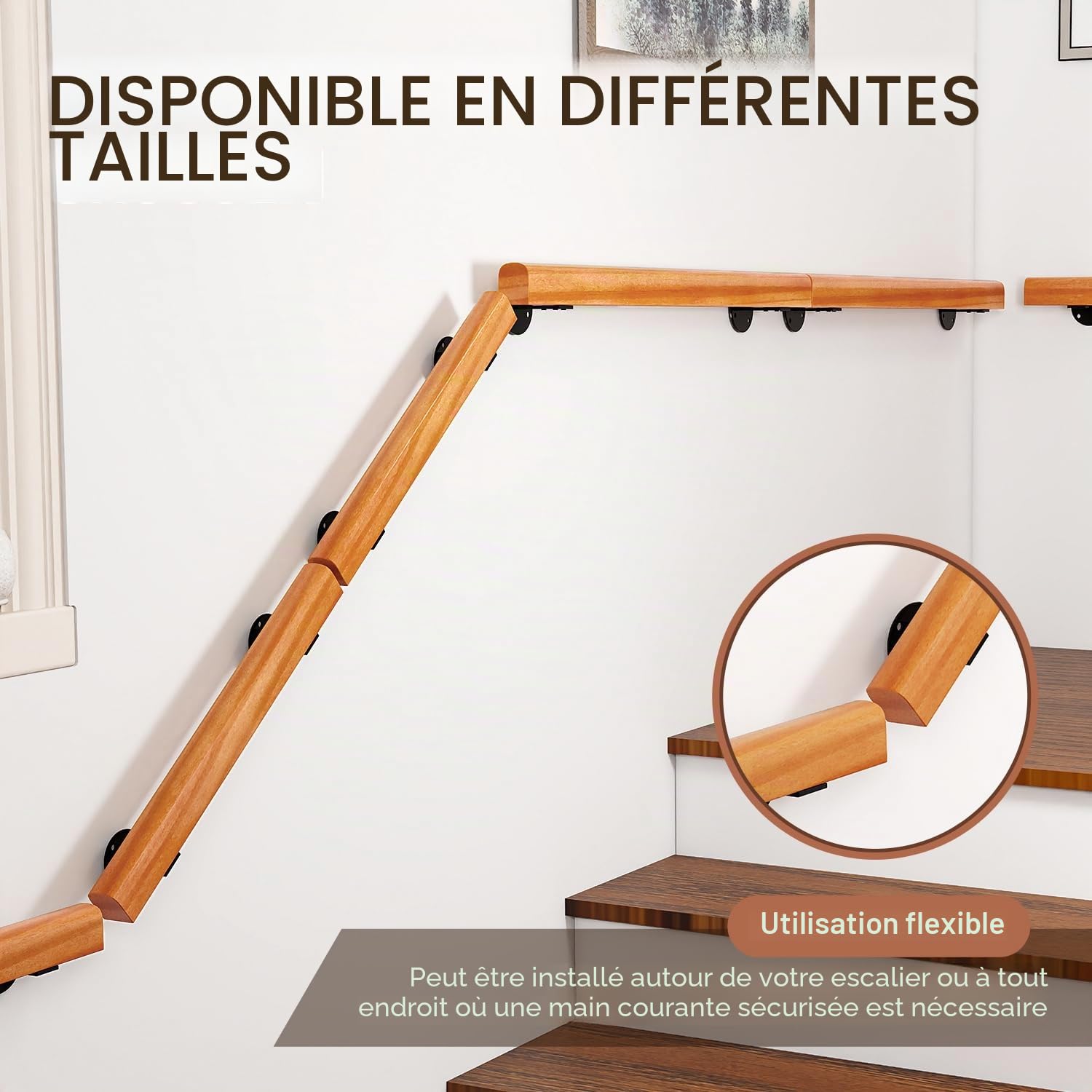 Main courante en bois de pin, 200 cm, rampe d'escalier murale, semi-circulaire, main courante en bois antidérapante, avec supports muraux, matériel de montage, noyer clair