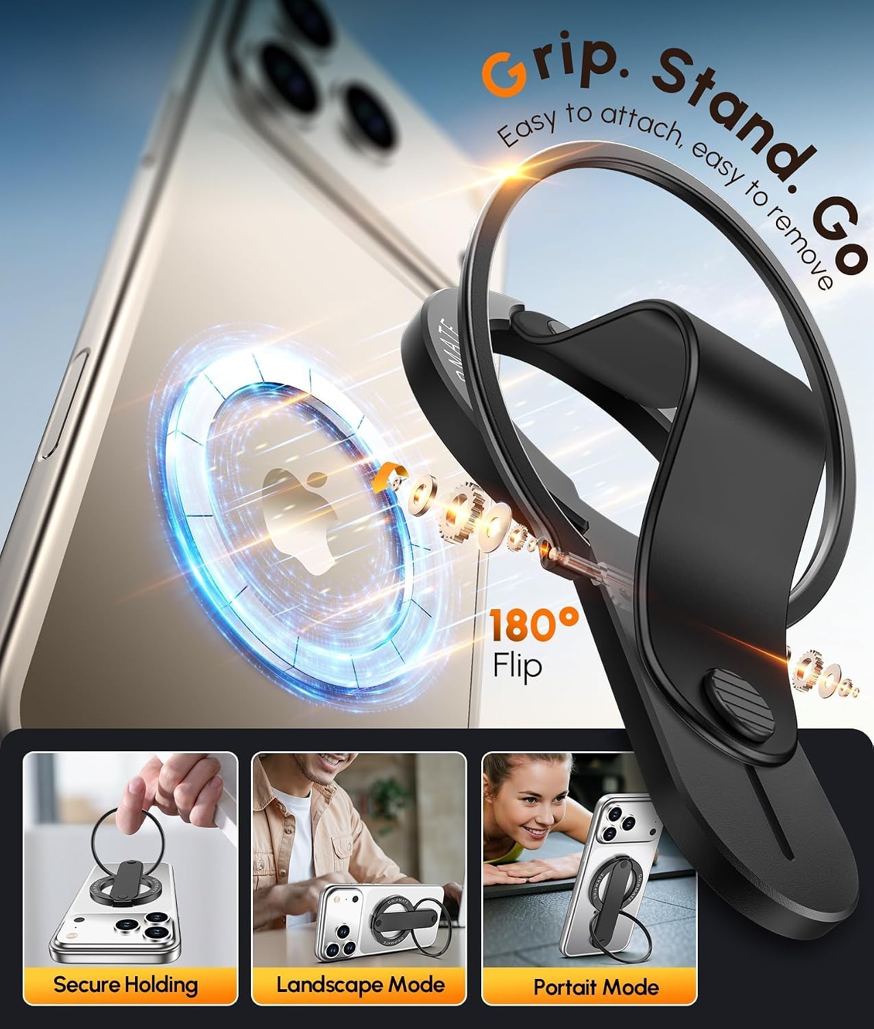 GripMate 2nd Magnetic Phone Ring Holder for MagSafe, Removable Finger Loop Phone Ring Grip, Two-Sided Magnet, Vertical & Horizontal Kickstand, Compatible with iPhone 17 Pro Max 16 15 14 13 12